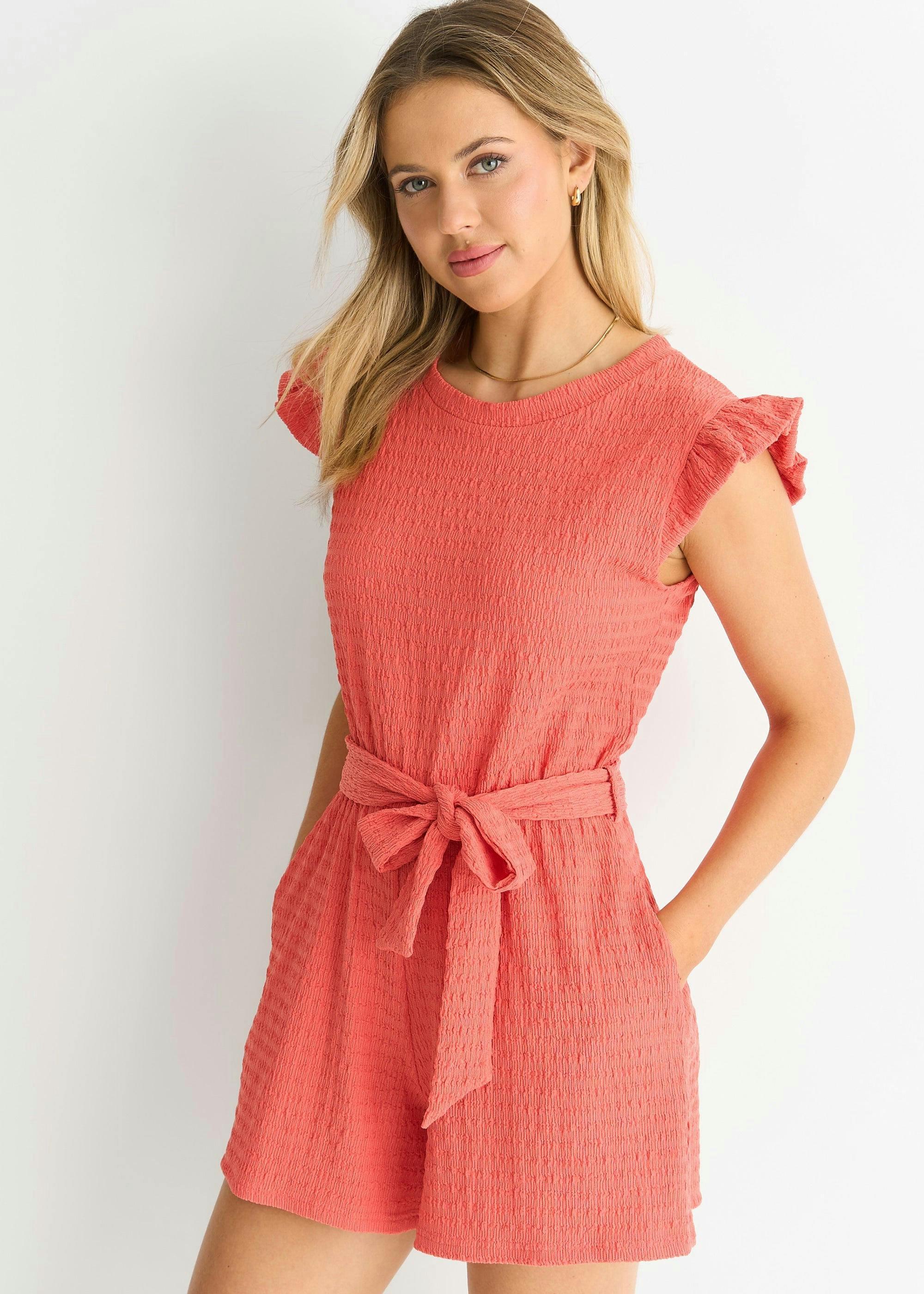 Coral Stretch Texture Frill Elasticated Waist Playsuit , view 3 of 4