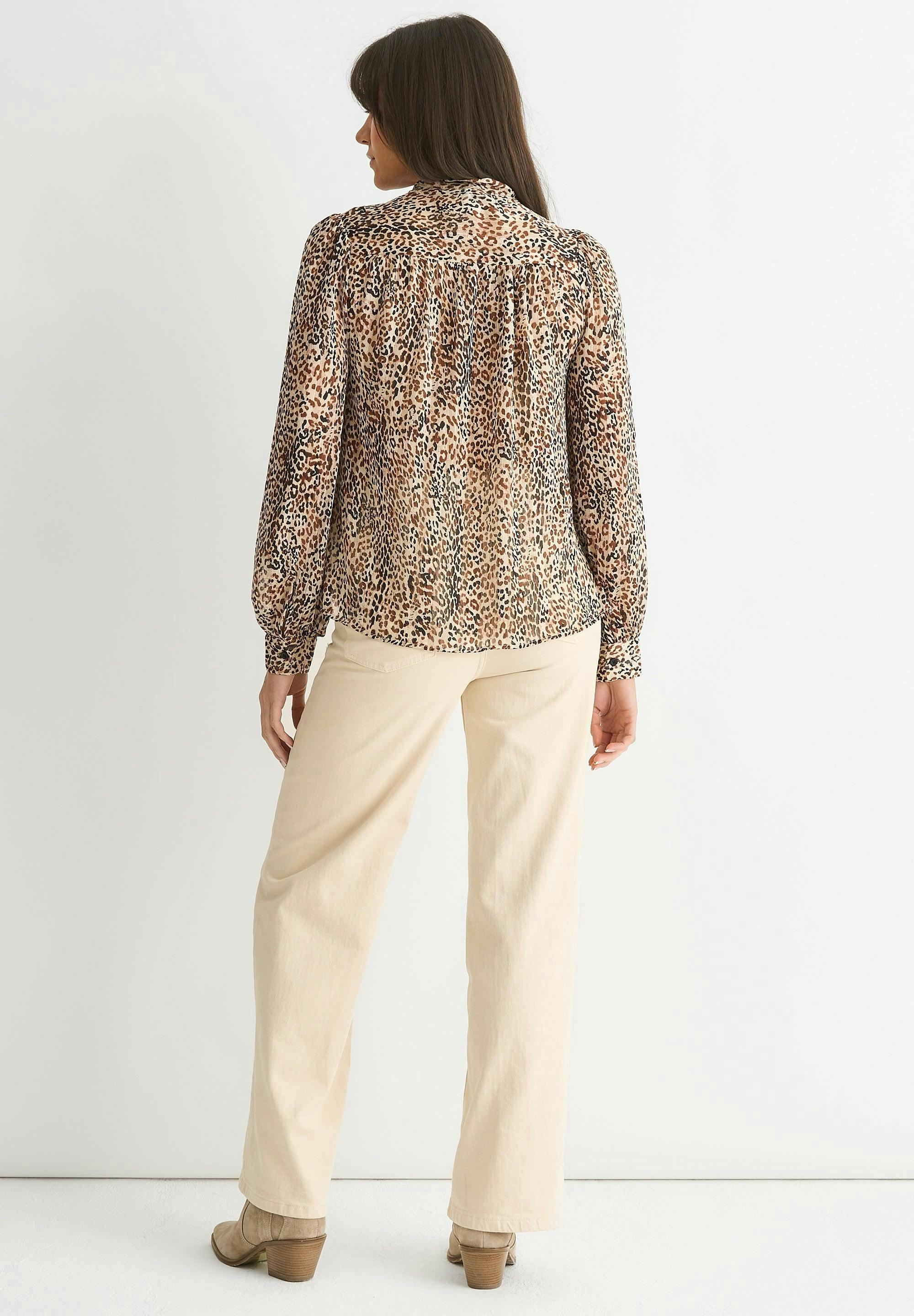 Brown Animal Print Long Sleeve Tie Neck Blouse , view 2 of 4