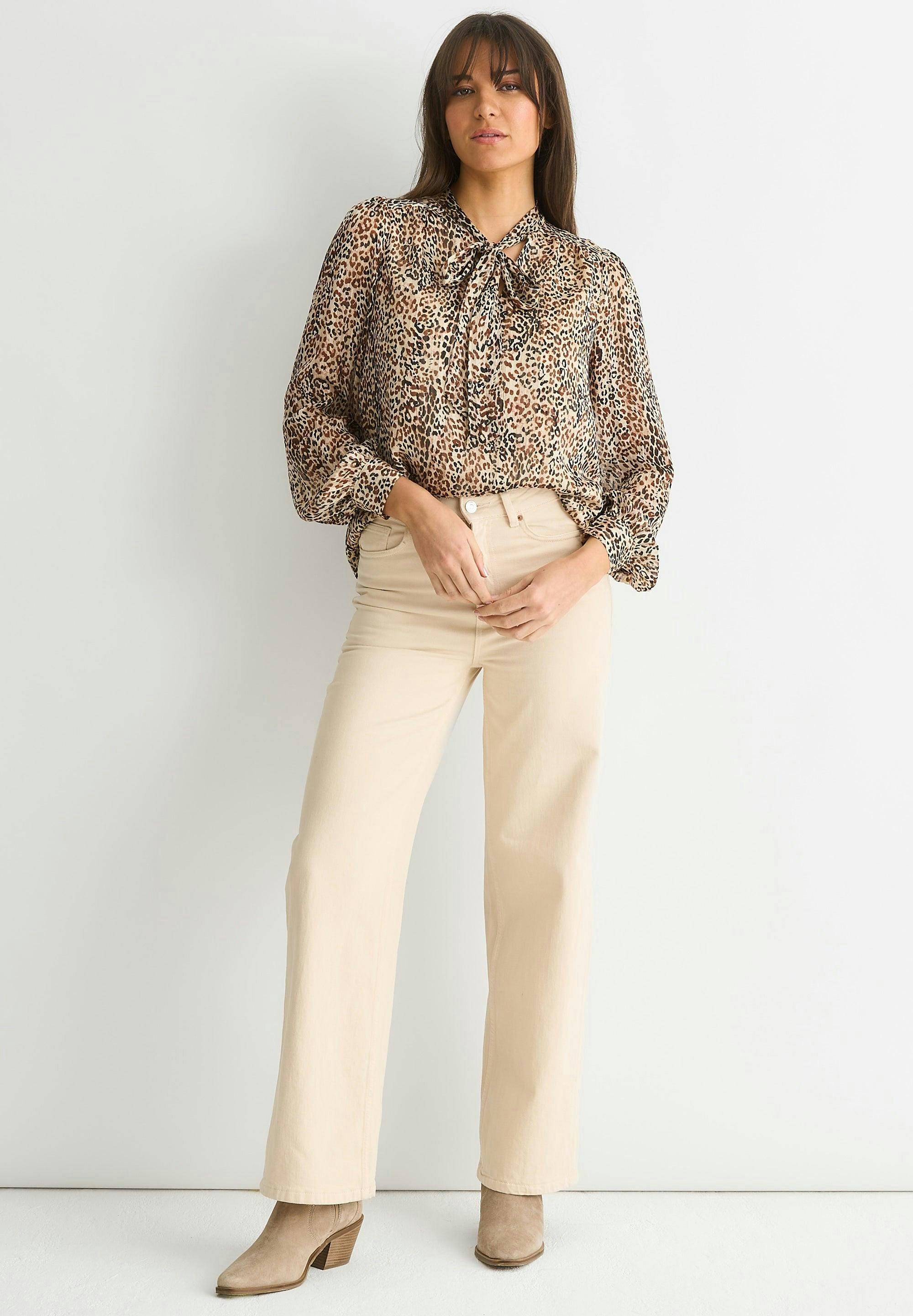 Brown Animal Print Long Sleeve Tie Neck Blouse , view 4 of 4