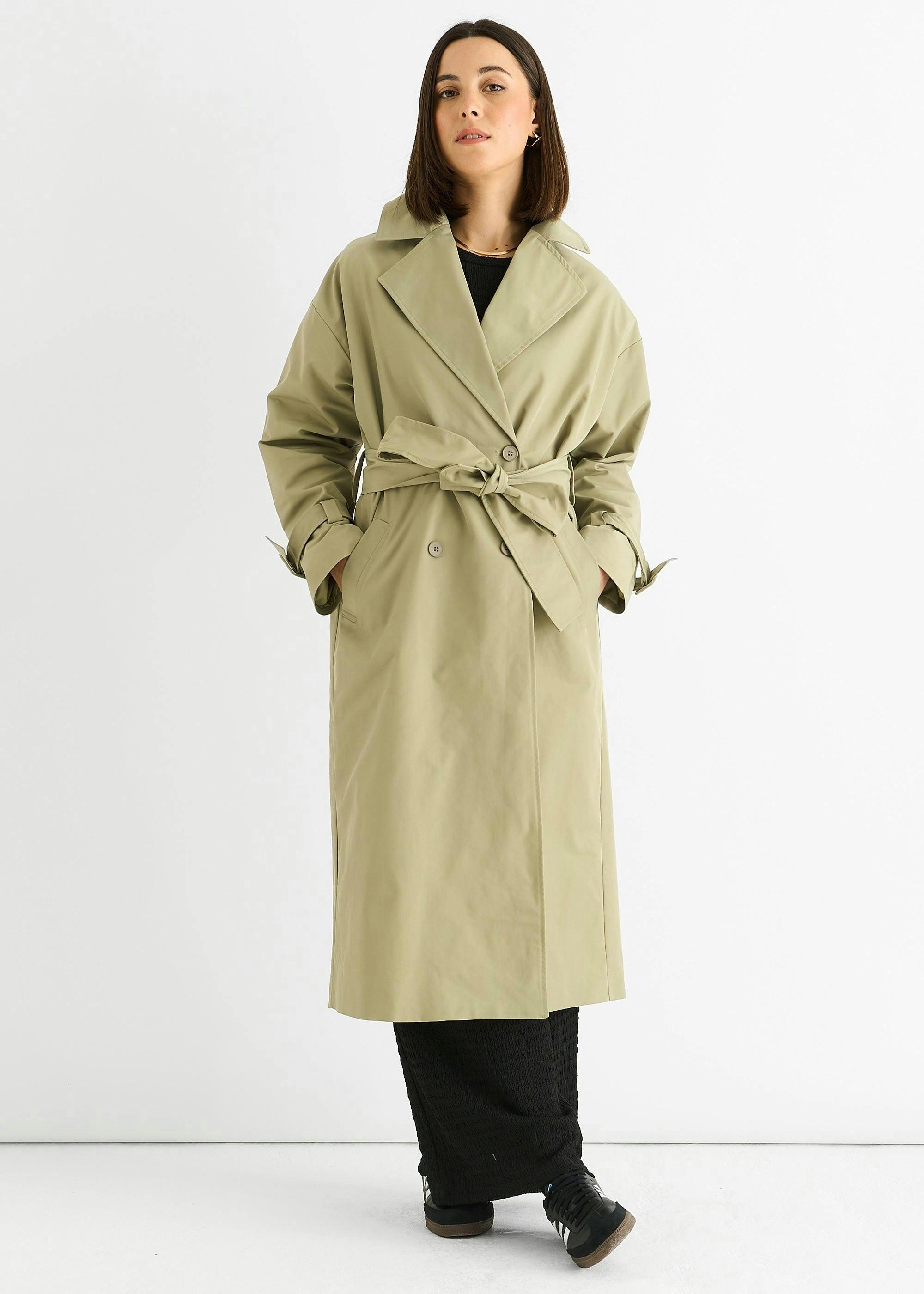 Sage Green Double Breast Longline Belted Trench Coat , view 3 of 6