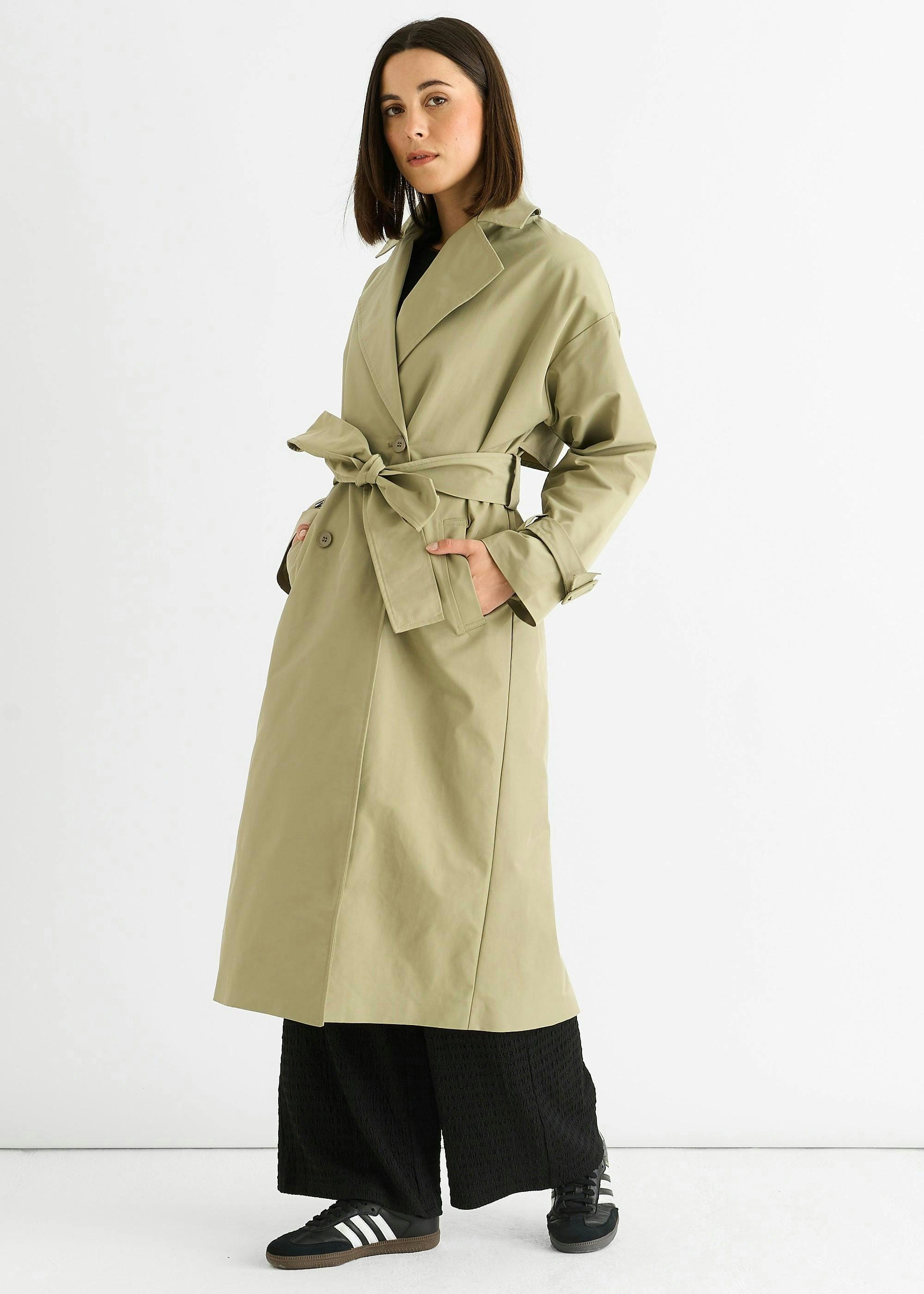Sage Green Double Breast Longline Belted Trench Coat , view 6 of 6