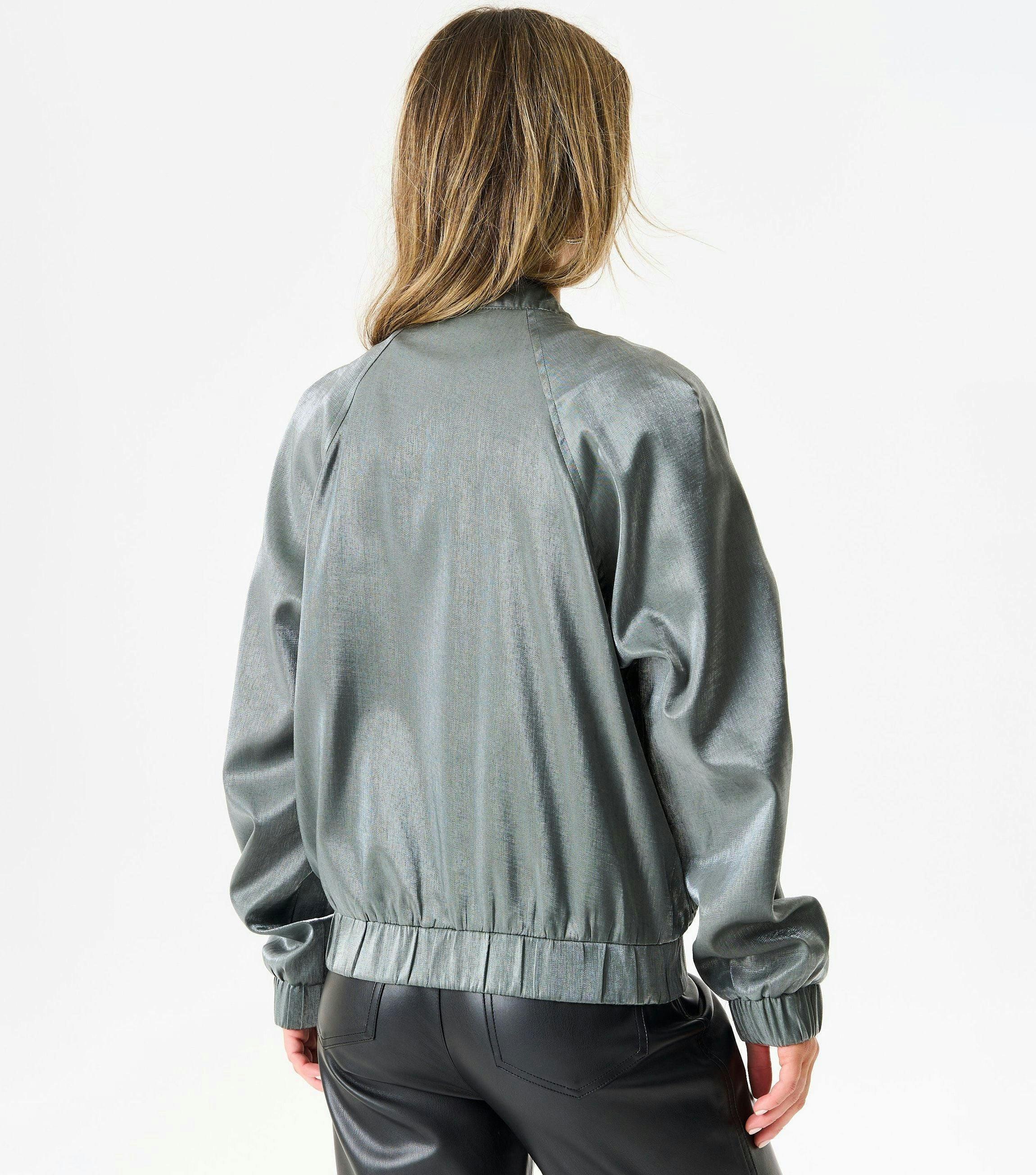 Grey Metallic Elasticated Waist Bomber Jacket , view 2 of 4