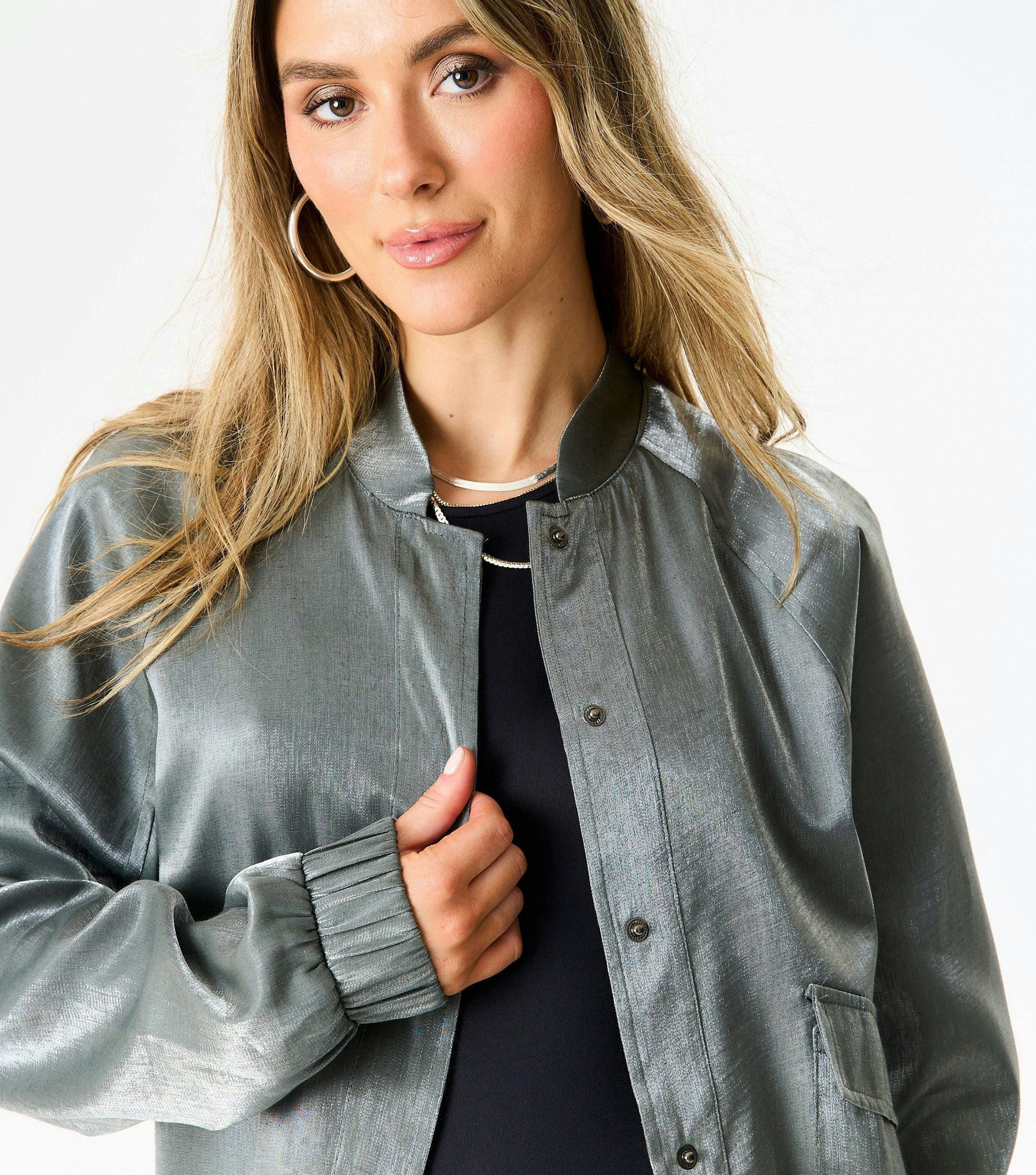 Grey Metallic Elasticated Waist Bomber Jacket , view 3 of 4