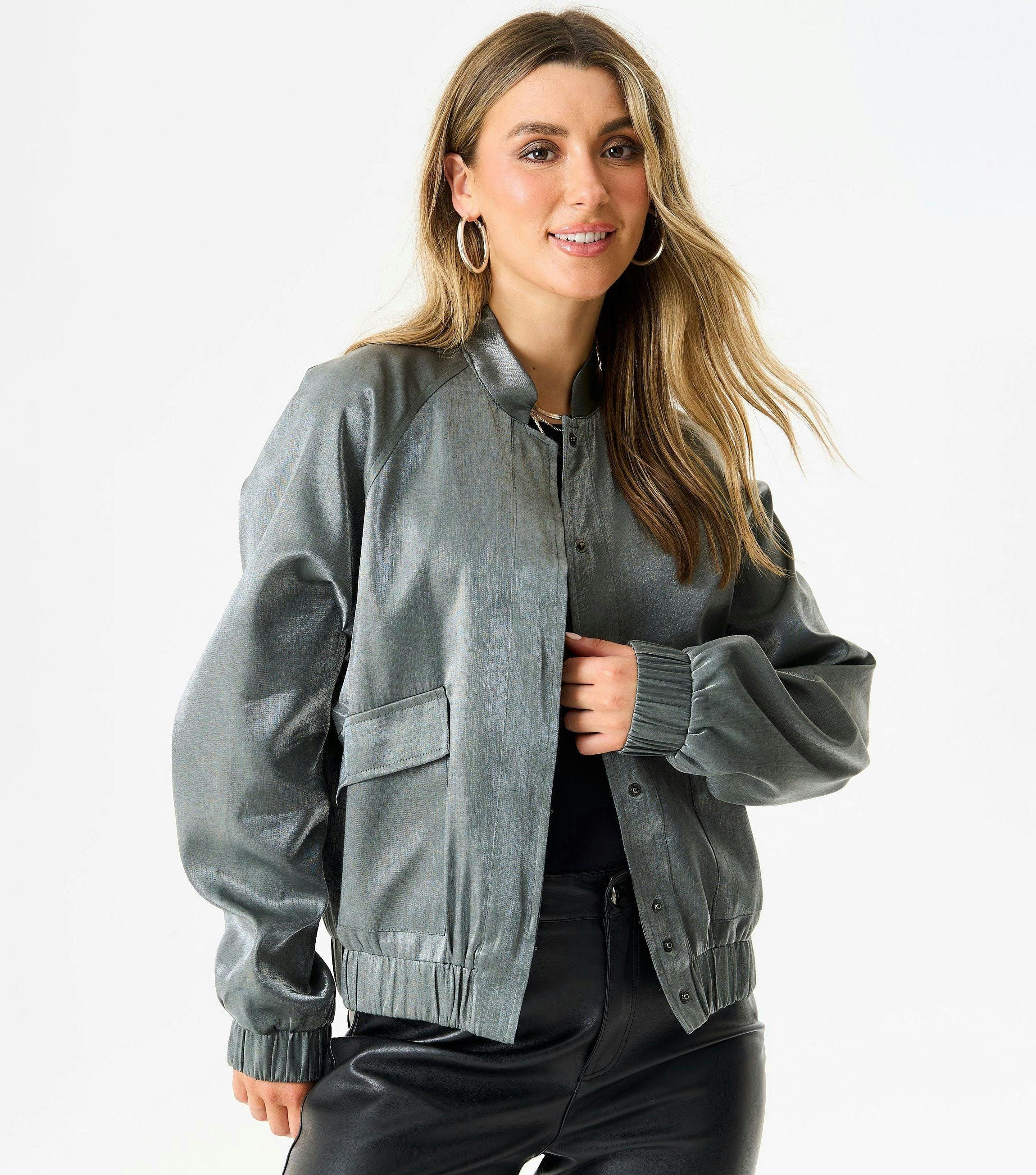 Grey Metallic Elasticated Waist Bomber Jacket , view 4 of 4