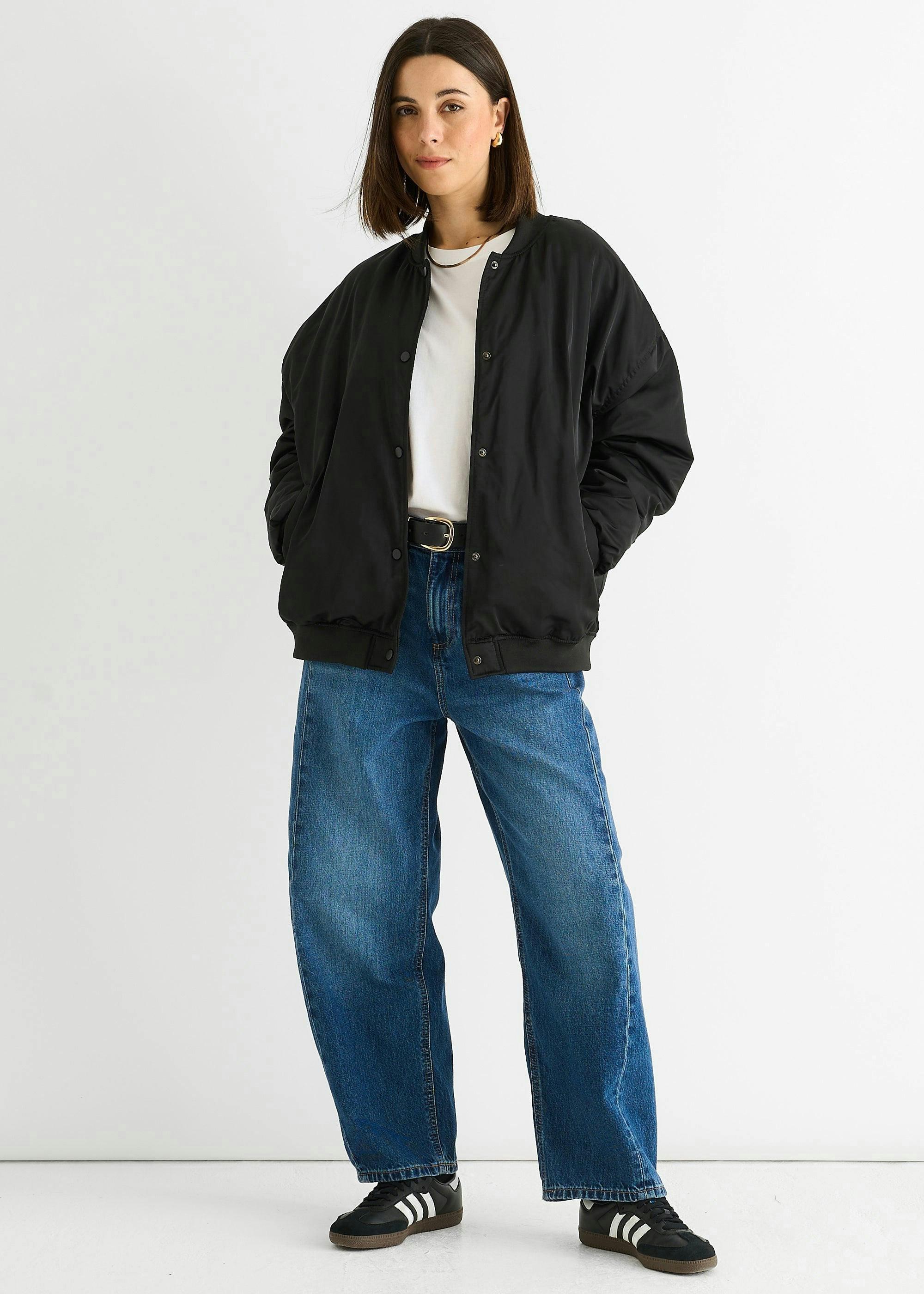 Black Padded Oversized Bomber Jacket , view 2 of 6