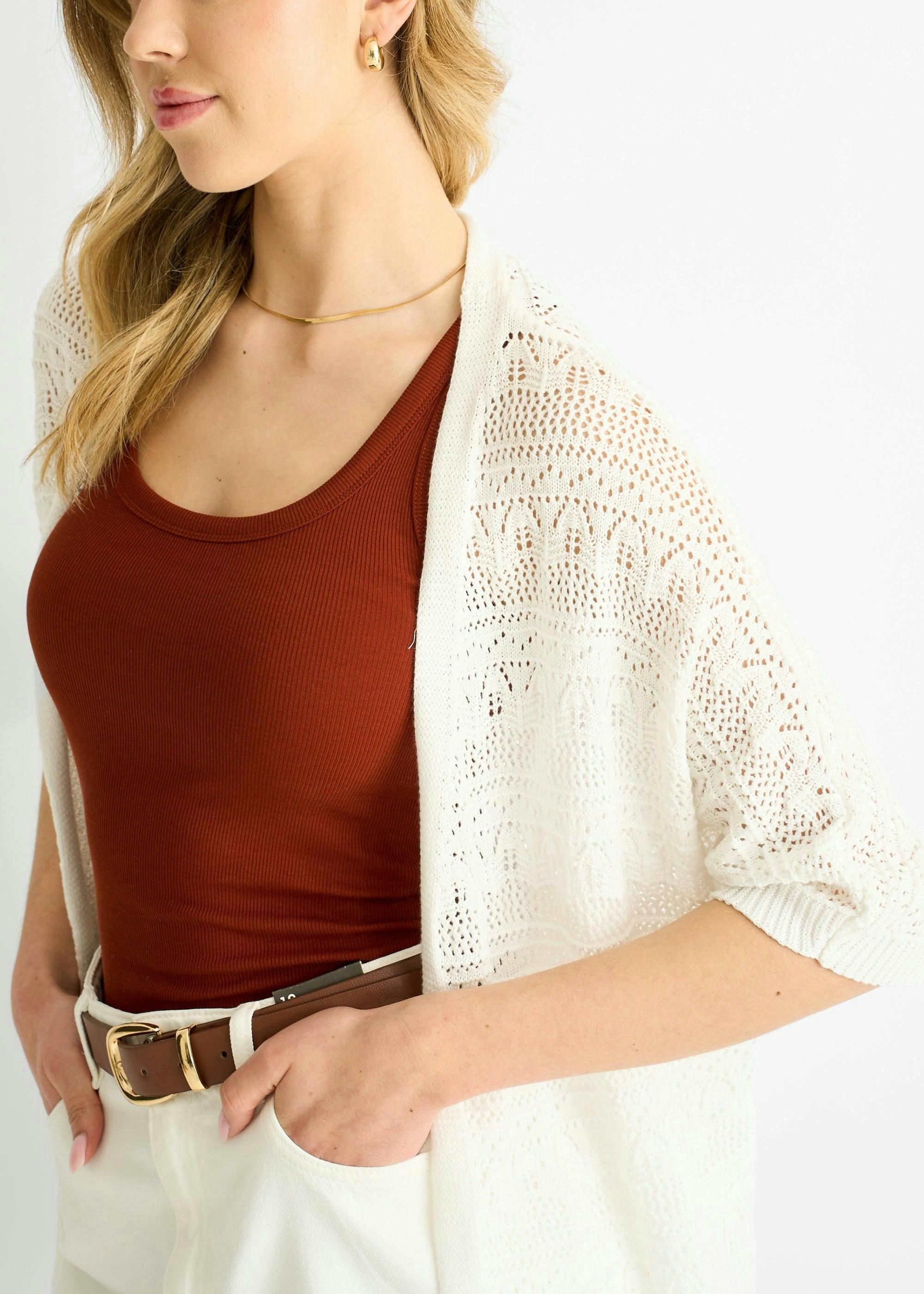 White Crochet Knit Edge to Edge Cardigan , view 3 of 4