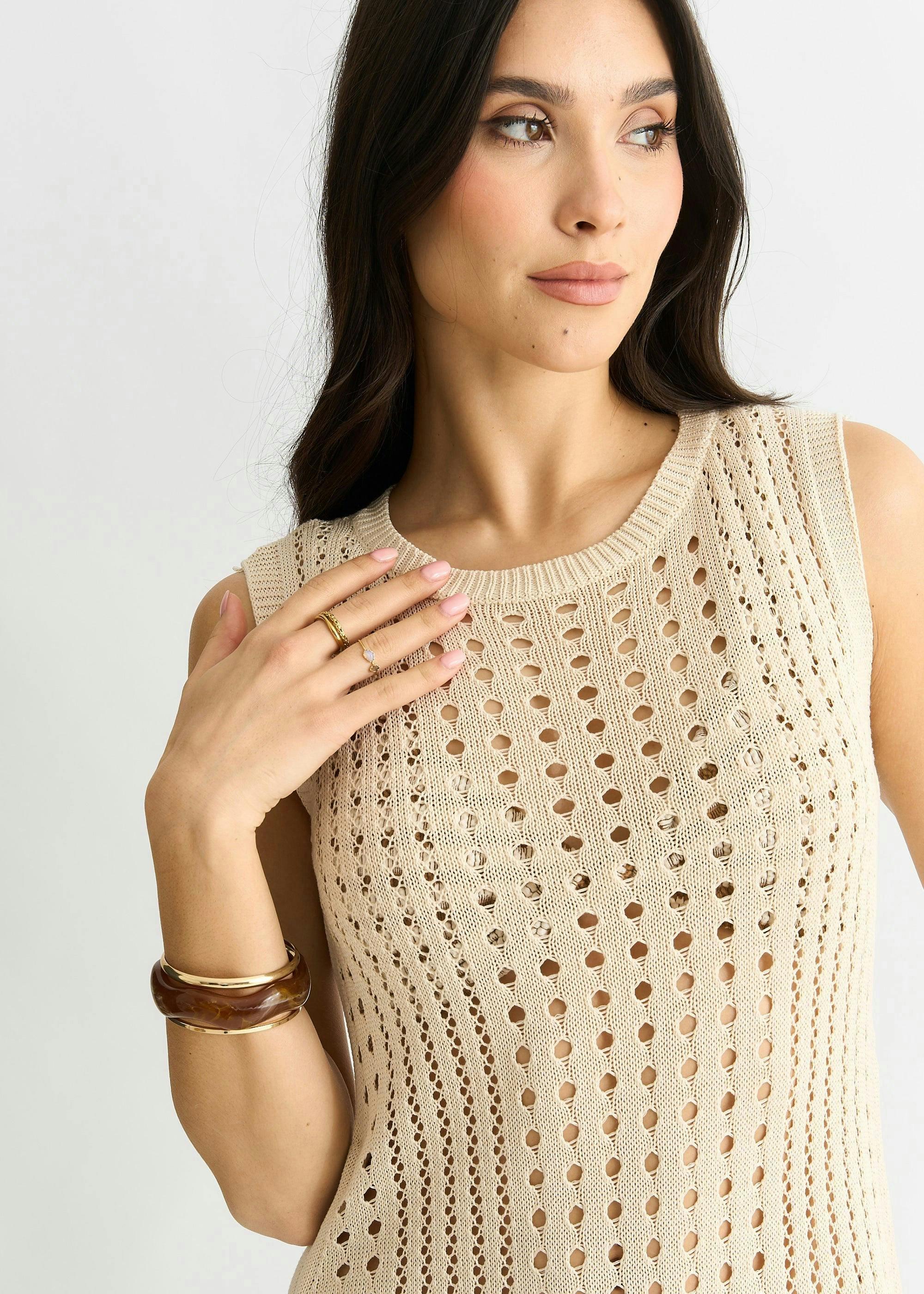 Beige Crochet Knit Bodycon Midi Dress , view 3 of 4