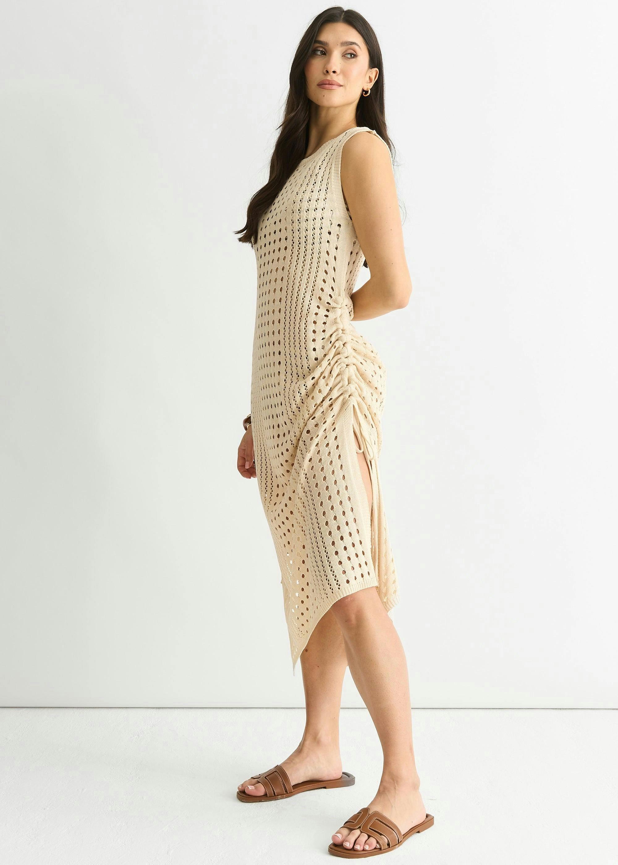 Beige Crochet Knit Bodycon Midi Dress , view 4 of 4