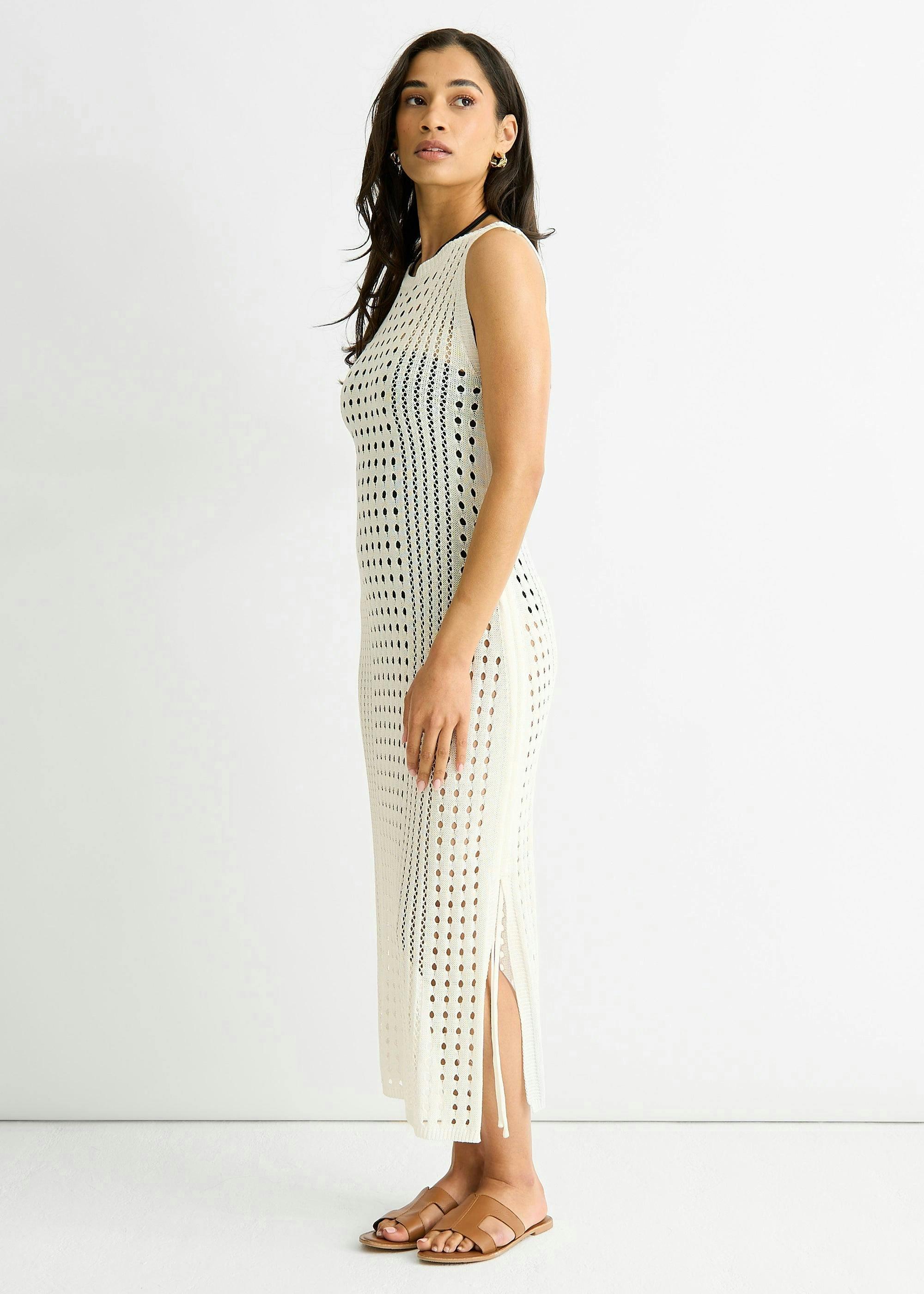 White Crochet Knit Bodycon Midi Dress , view 4 of 4