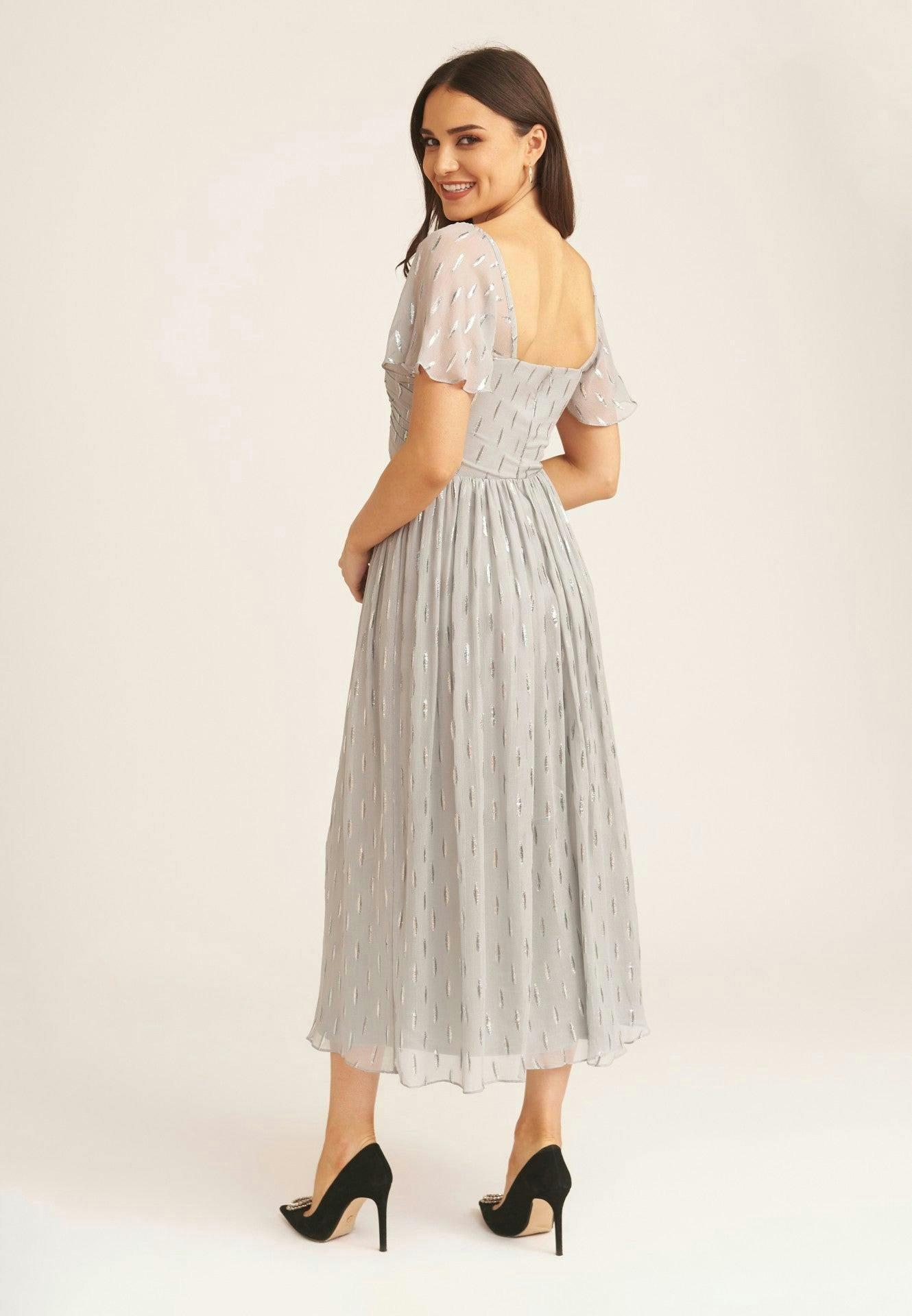 Silver Jacquard Metallic Angel Sleeves Midi Dress , view 2 of 4