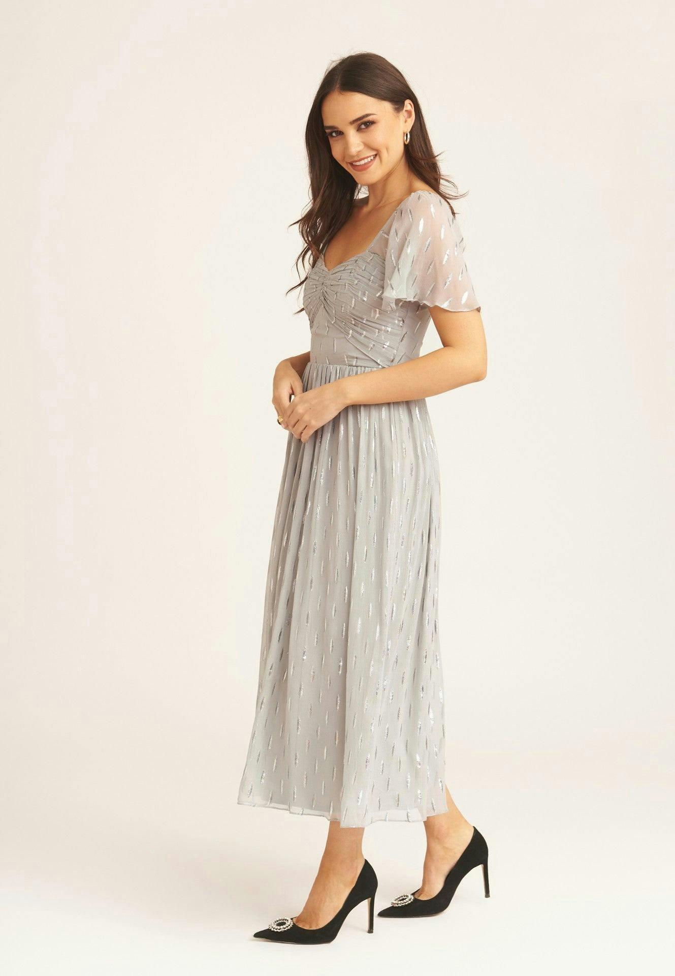 Silver Jacquard Metallic Angel Sleeves Midi Dress , view 4 of 4