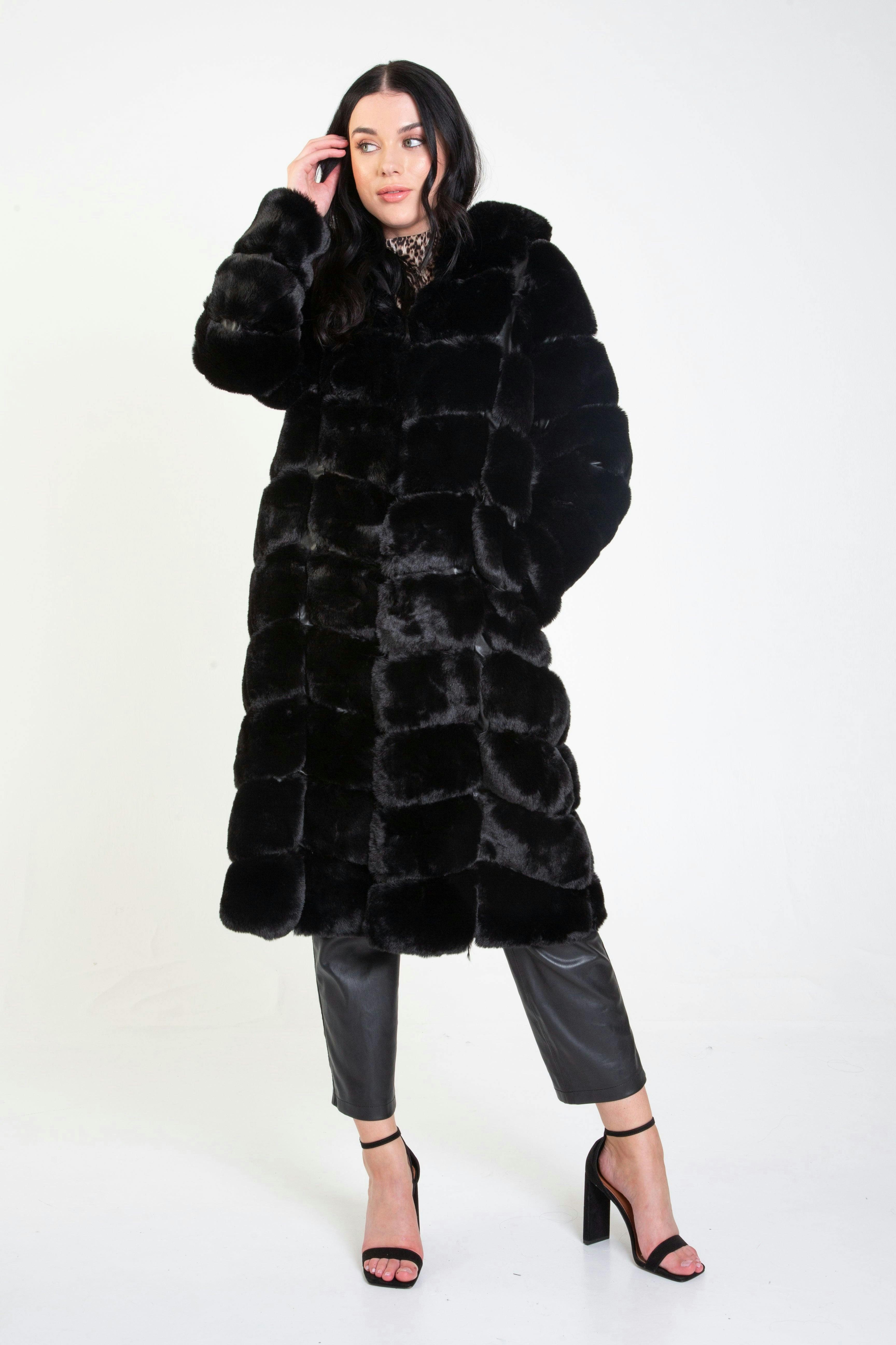 Black Panelled Hooded Longline Fur Coat , view 2 of 4
