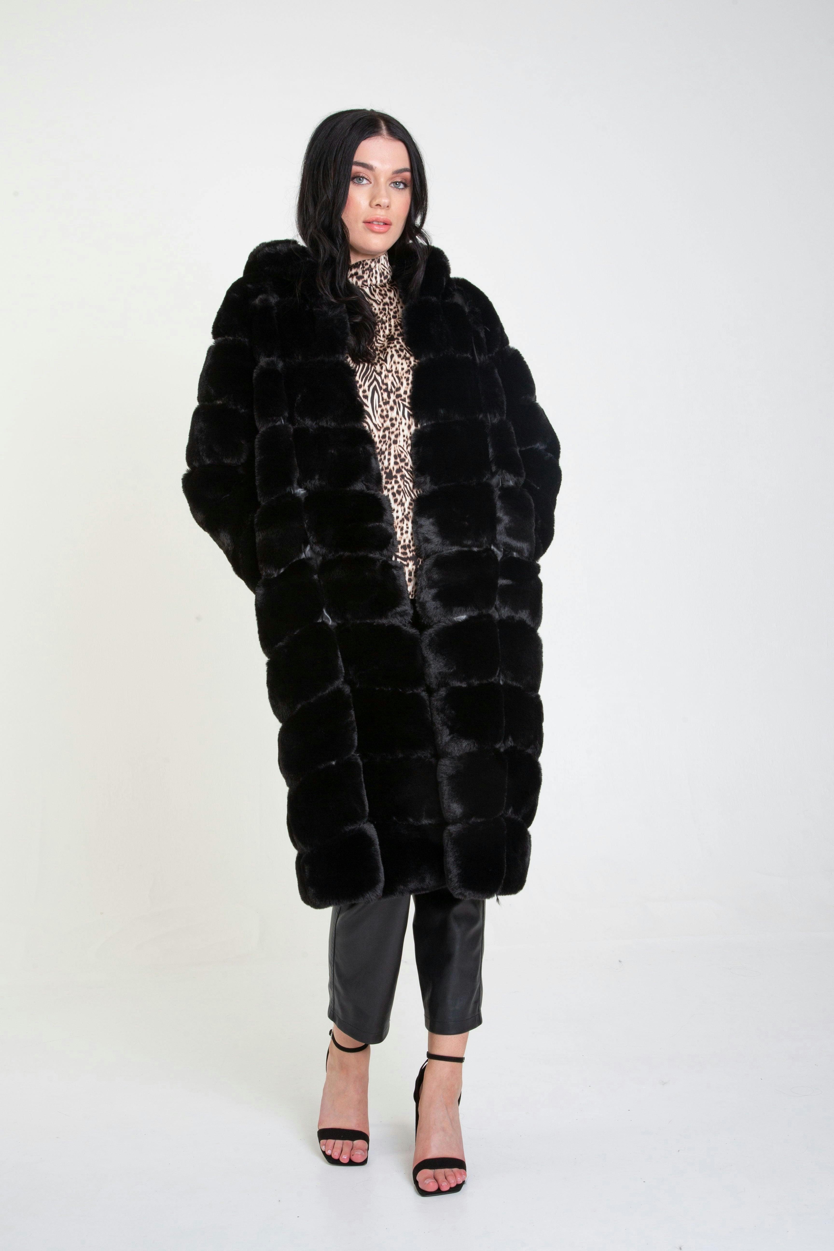 Black Panelled Hooded Longline Fur Coat , view 3 of 4