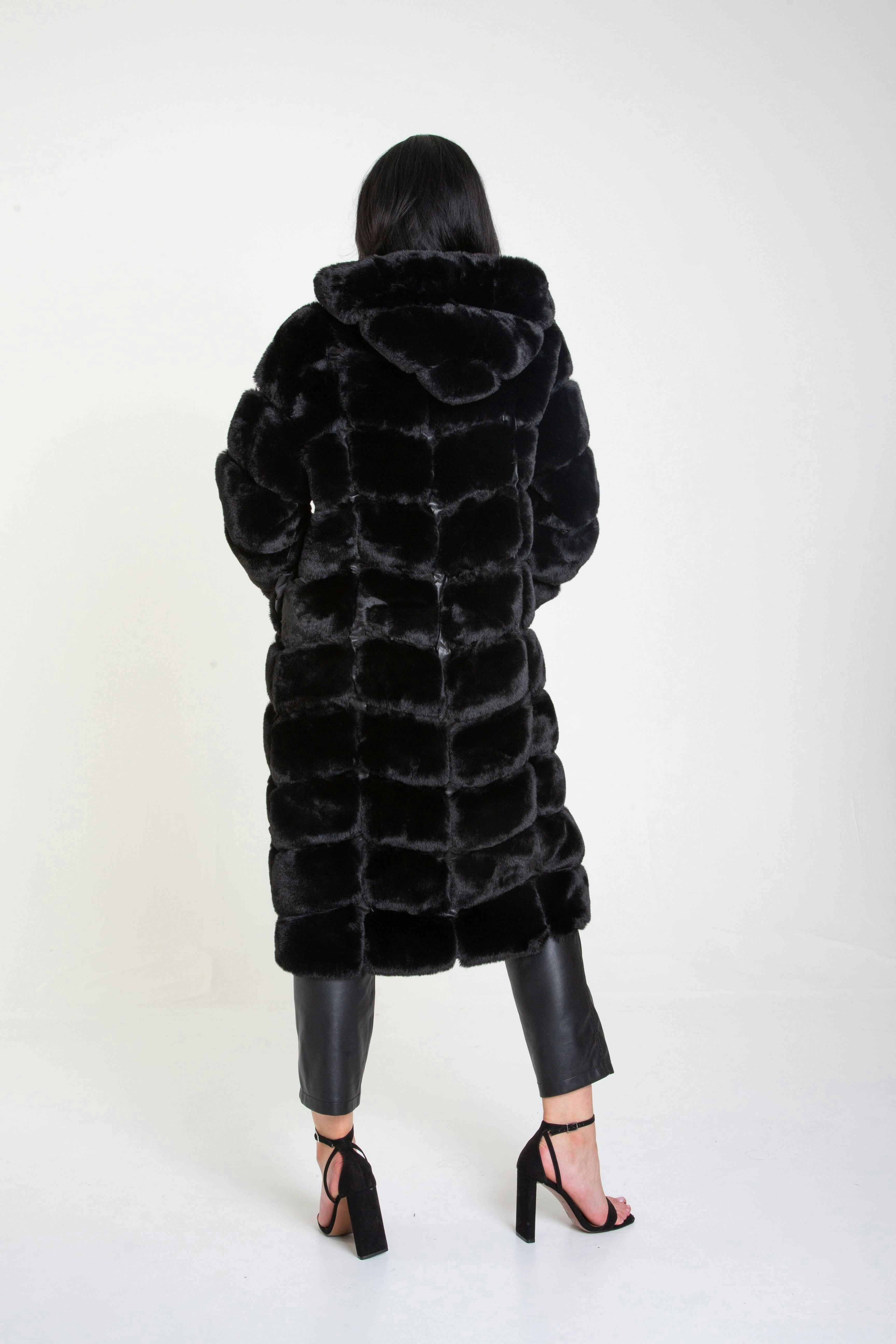 Black Panelled Hooded Longline Fur Coat , view 4 of 4