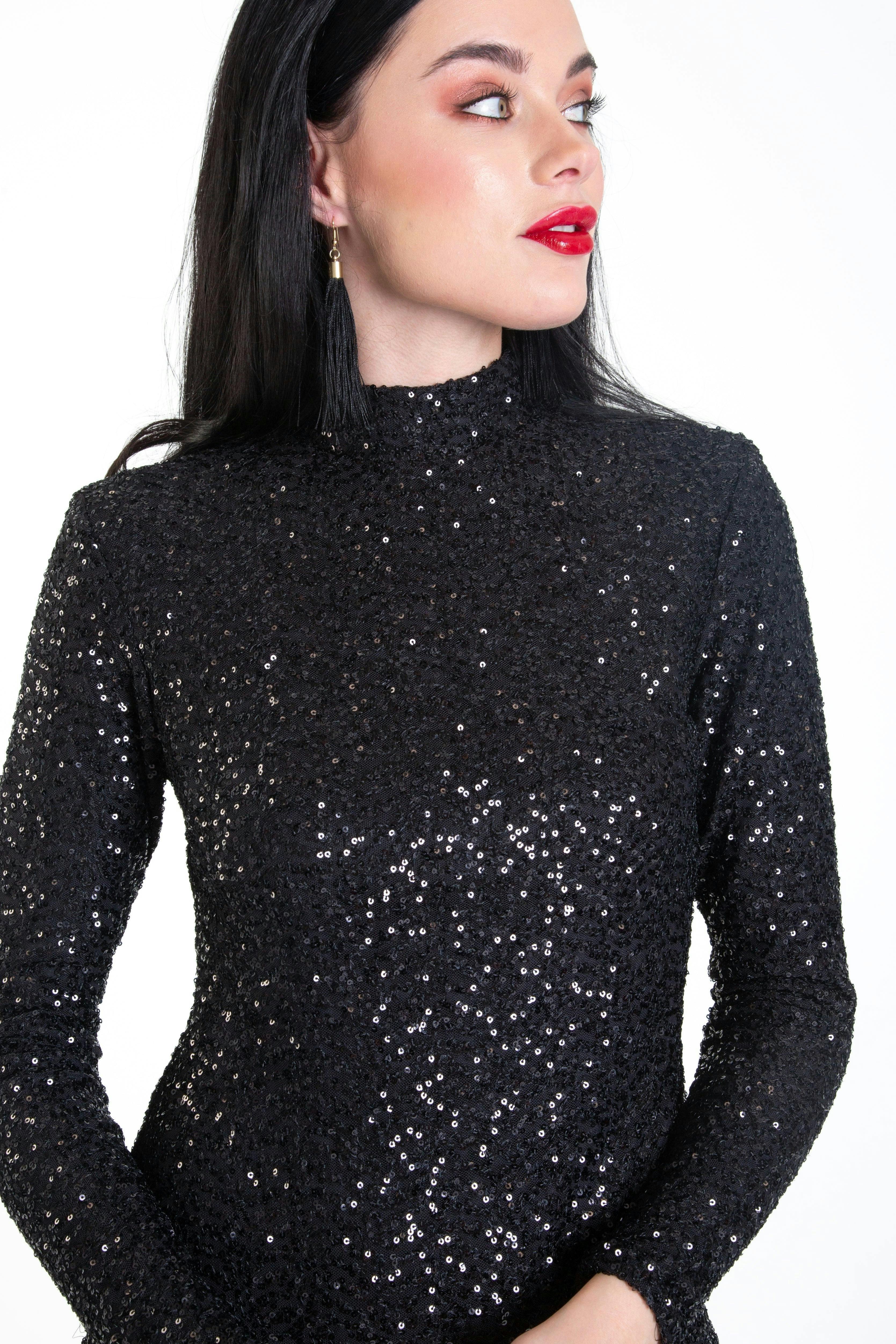 Black Sequin High Neck Bodycon Dress , view 3 of 4