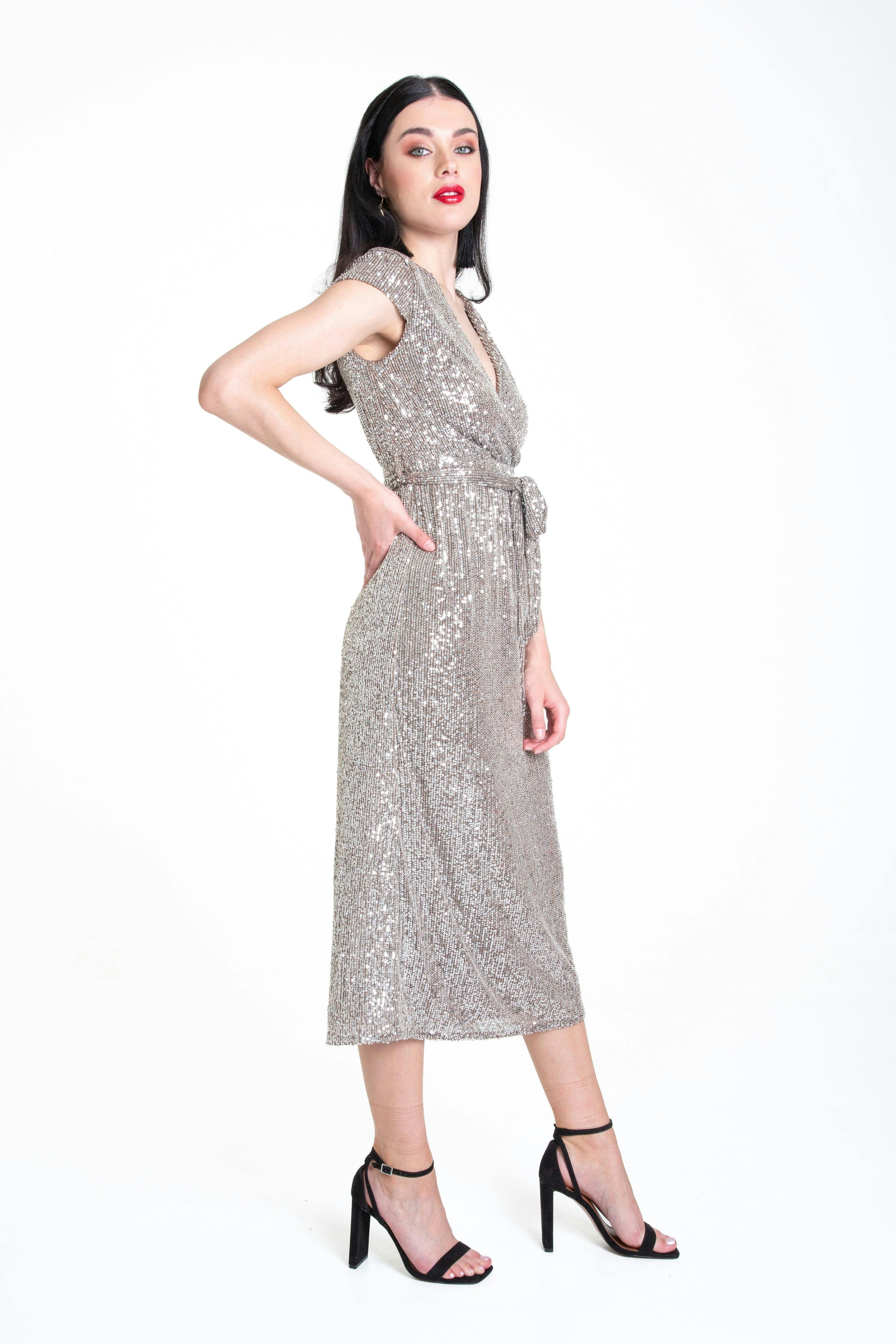Gun Metal Sequin Belted Midi Wrap Dress , view 3 of 4