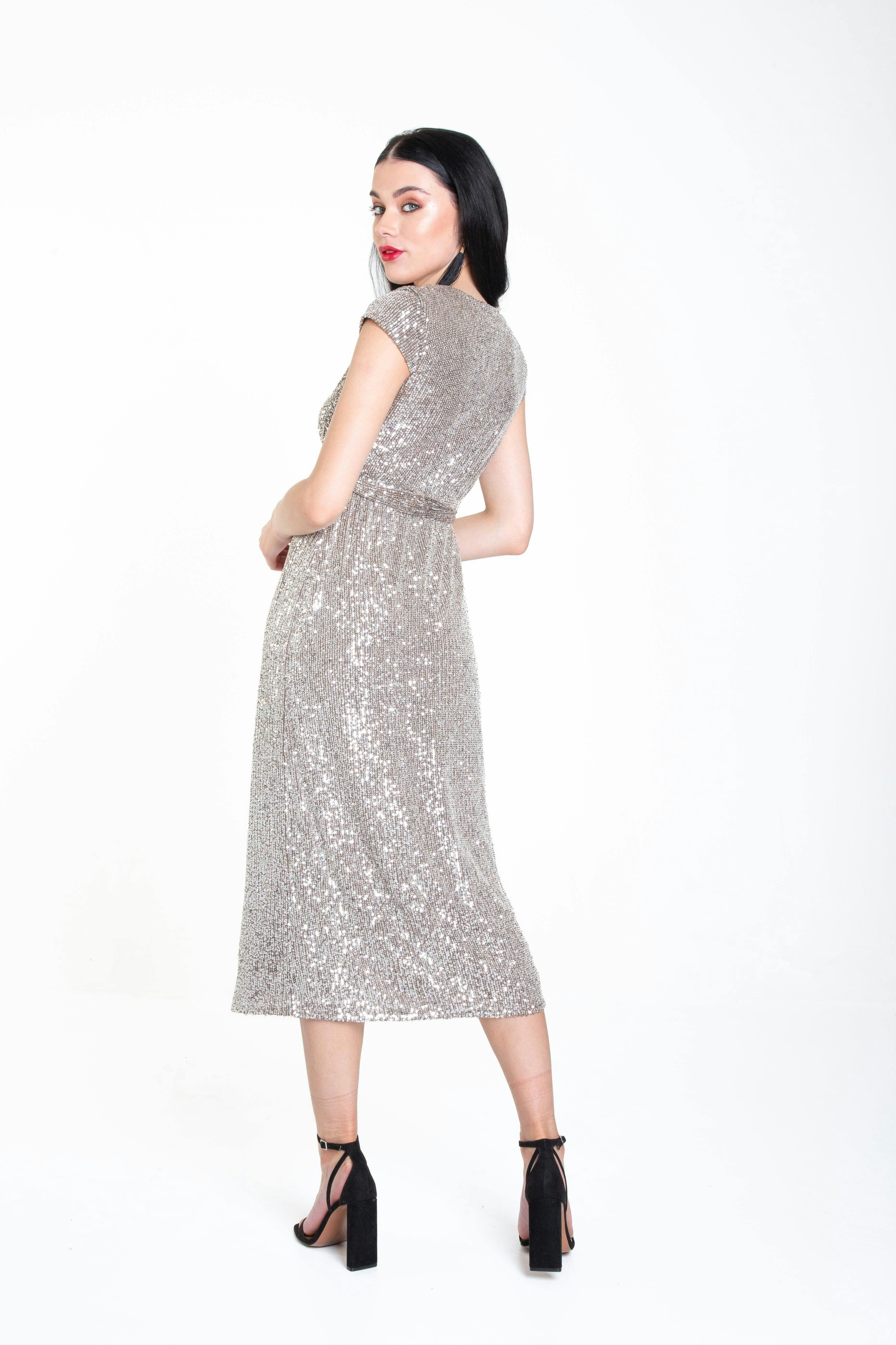 Gun Metal Sequin Belted Midi Wrap Dress , view 4 of 4