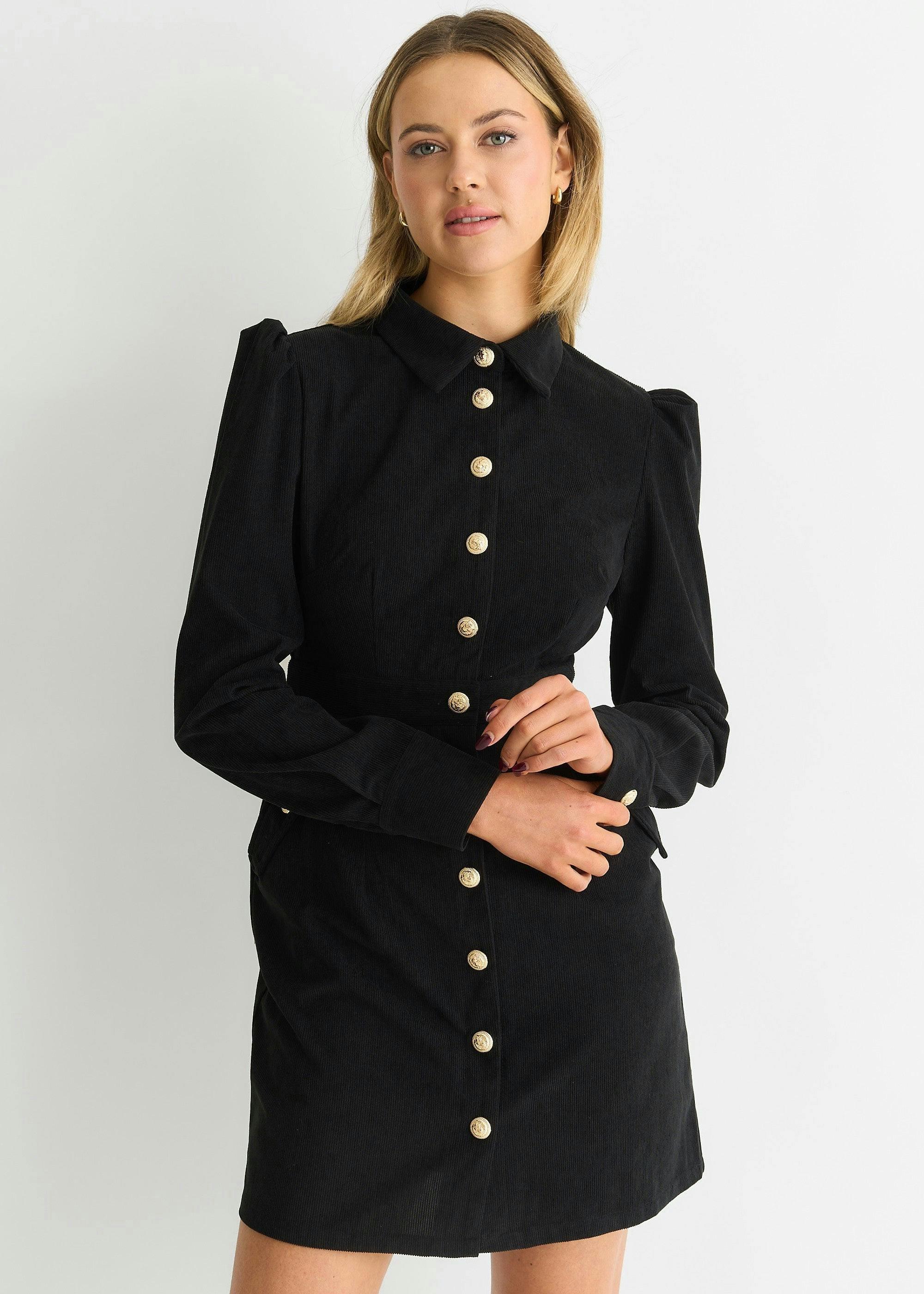 Black Corduroy Mini Shirt Dress , view 3 of 4