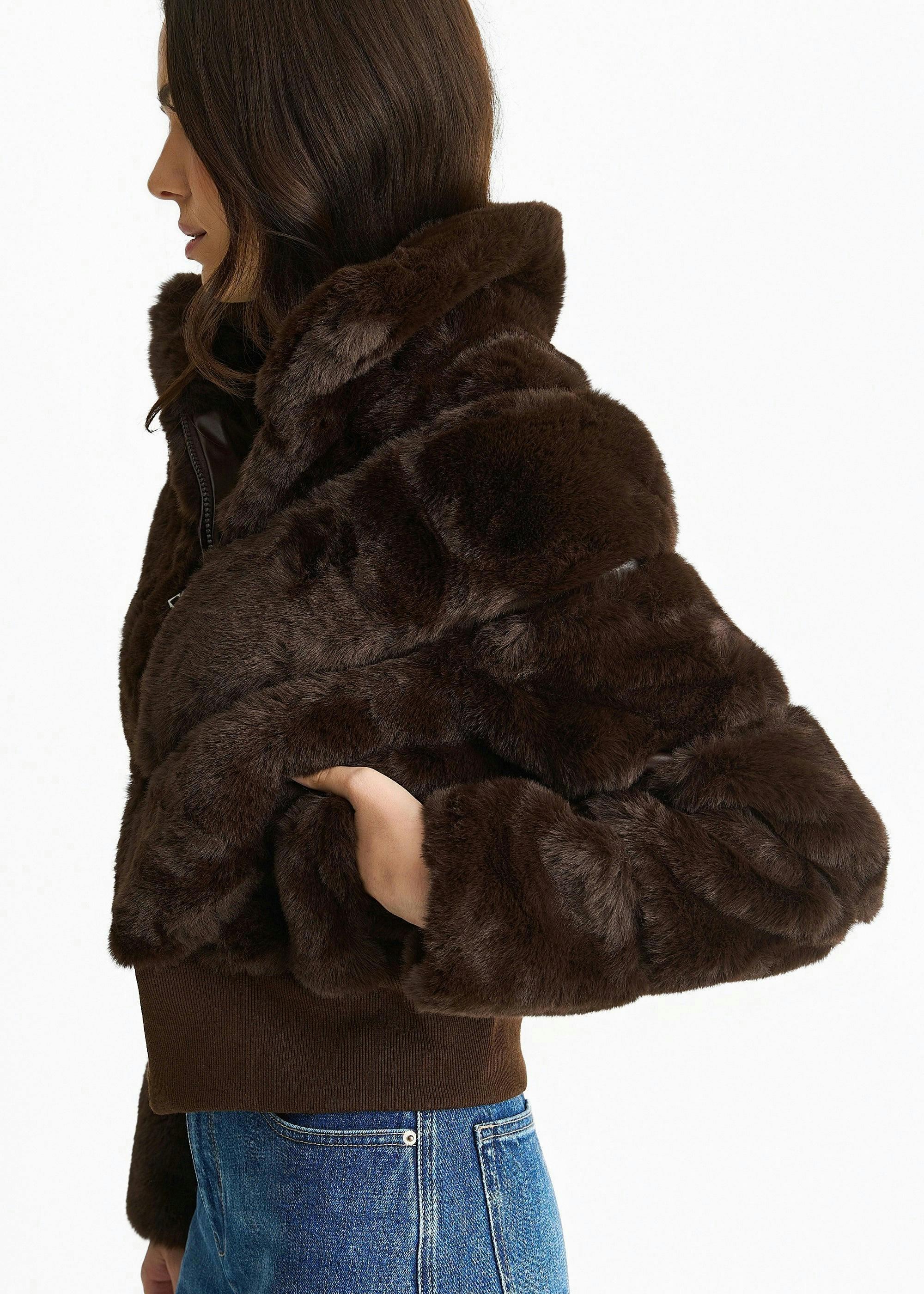 Chocolate Faux Fur Zip Front Short Jacket , view 3 of 4