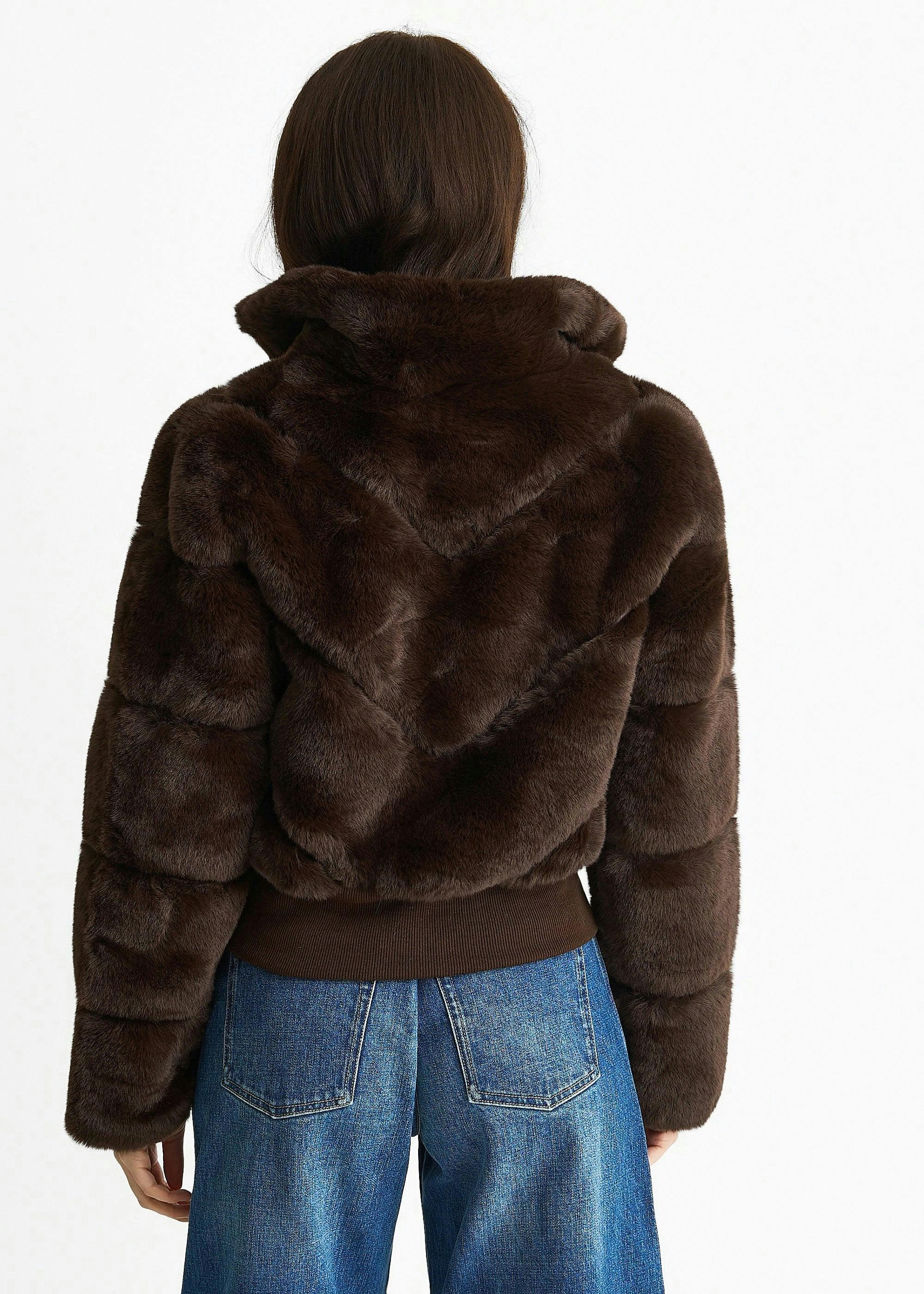 Chocolate Faux Fur Zip Front Short Jacket , view 4 of 4