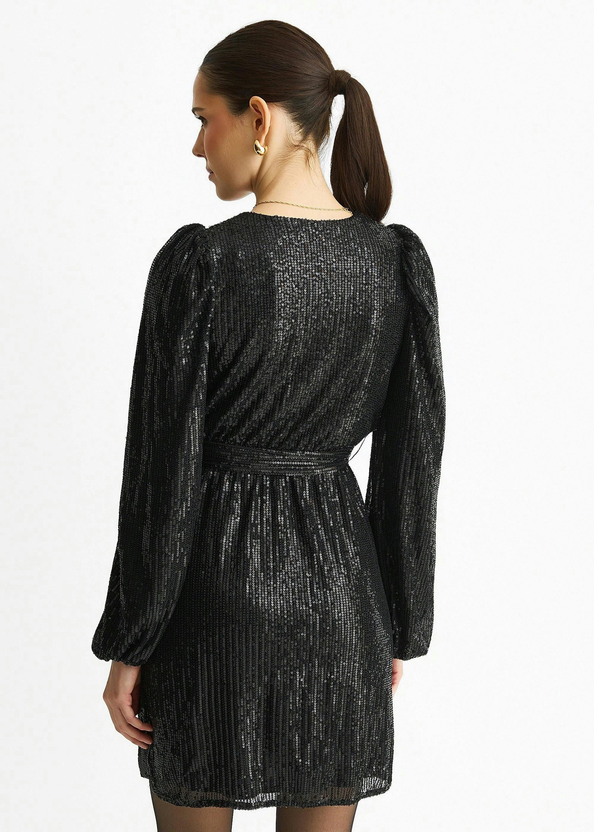 Black Sequin V Neck Belted Mini Dress , view 2 of 4