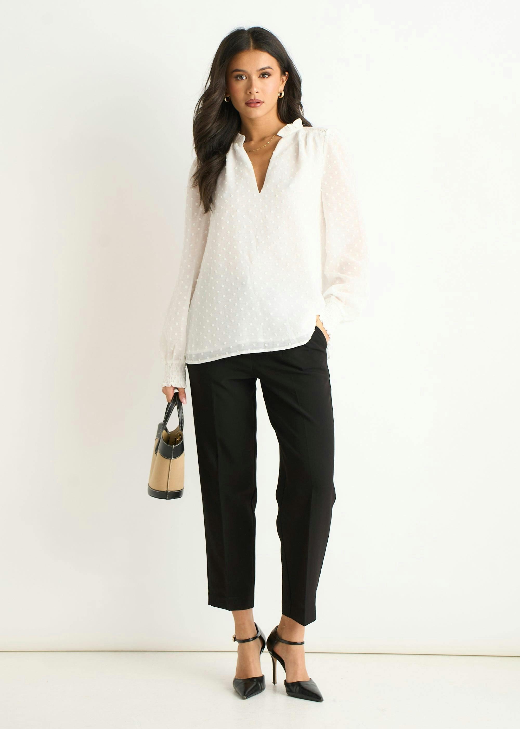 White Dobby Chiffon Frill Neck Blouse , view 2 of 4