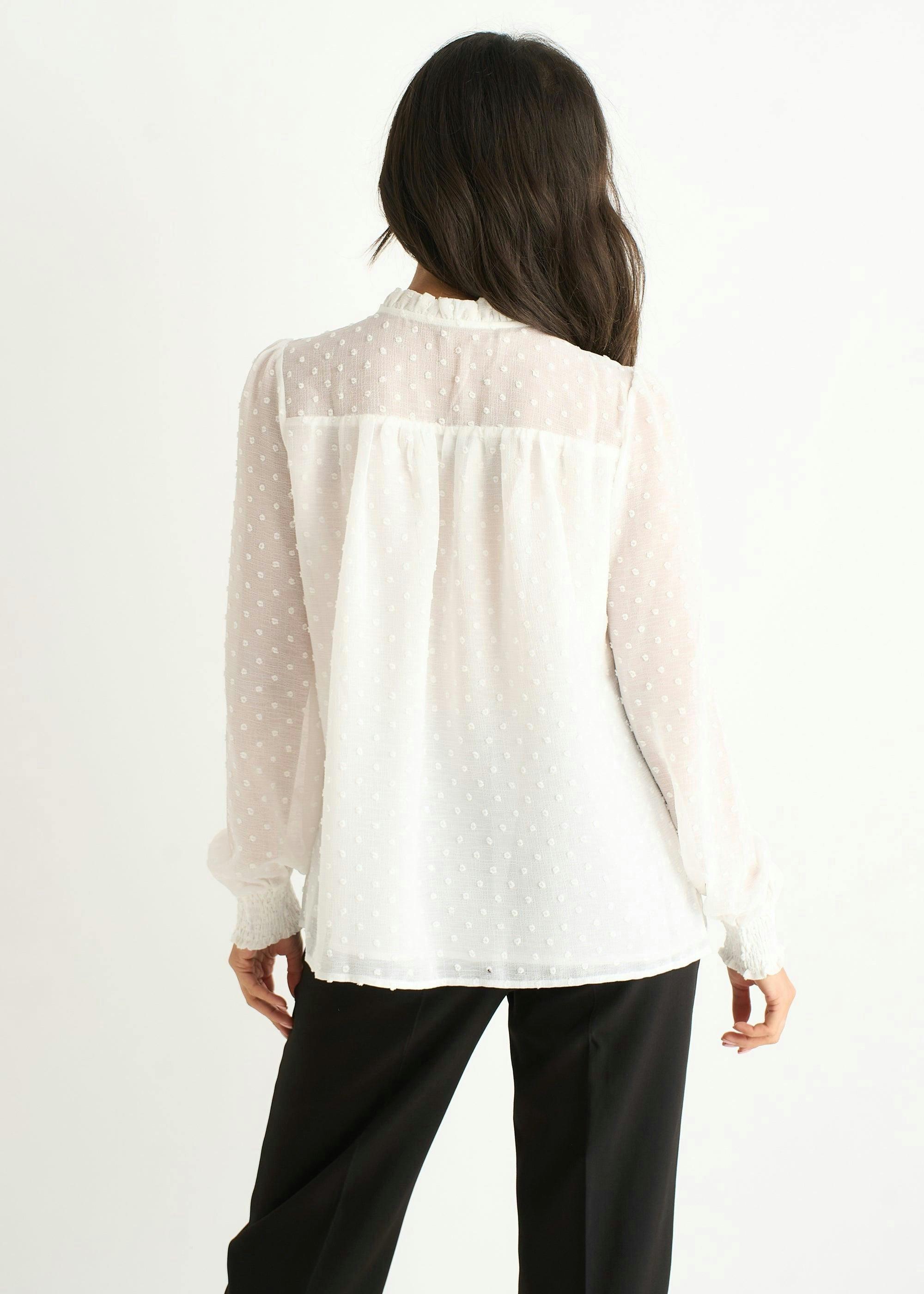 White Dobby Chiffon Frill Neck Blouse , view 3 of 4