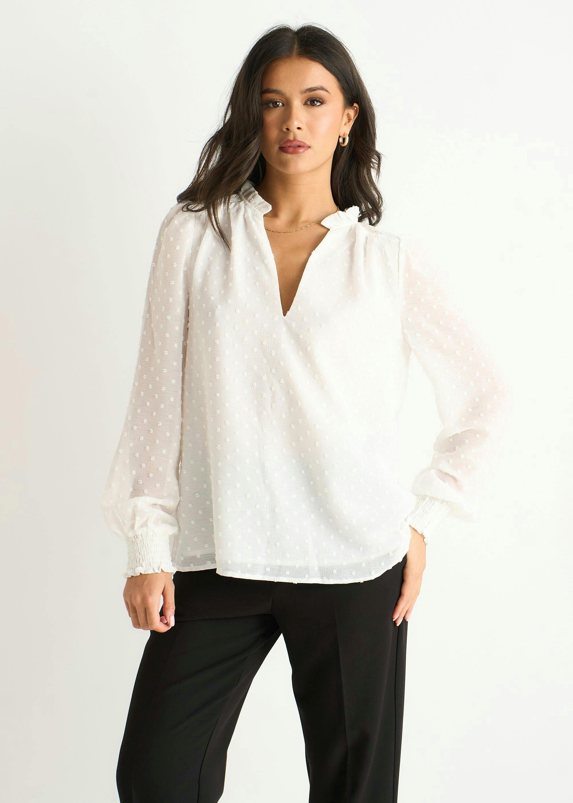 White Dobby Chiffon Frill Neck Blouse , view 4 of 4