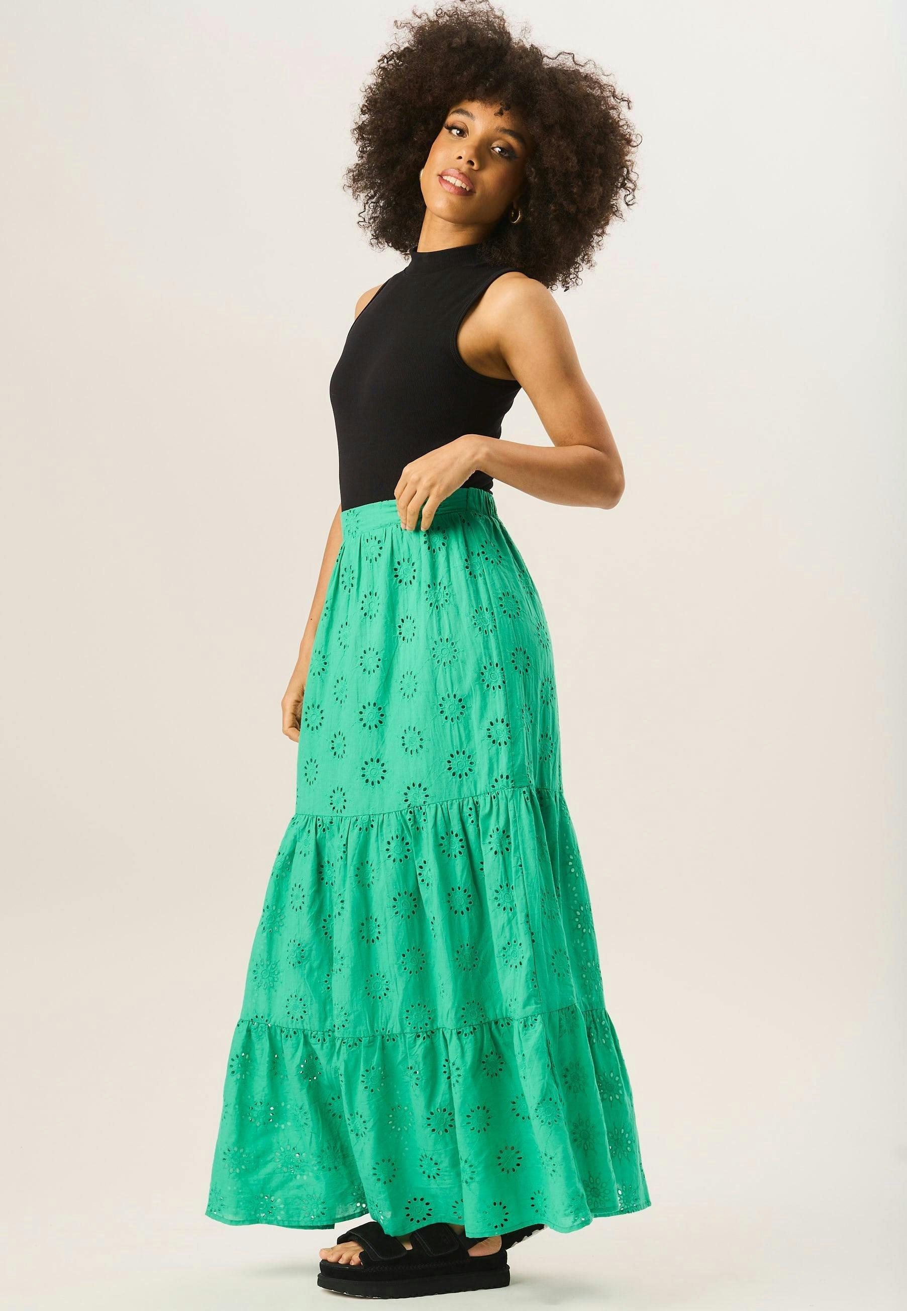 Green Tiered Lace Embroidered Long Skirt , view 3 of 4