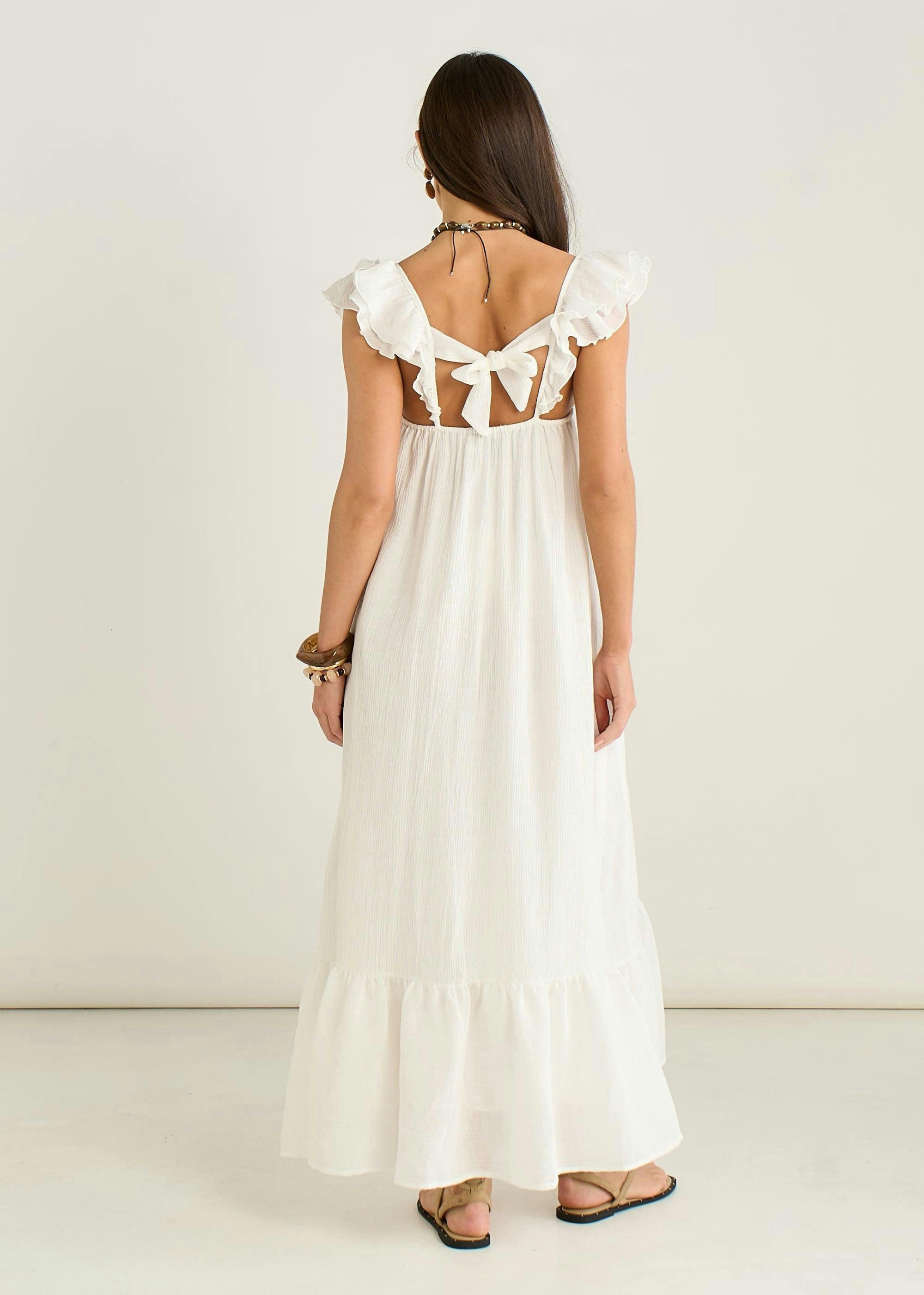 White Ruffle Short Sleeve Viscose Maxi Dress , view 2 of 4