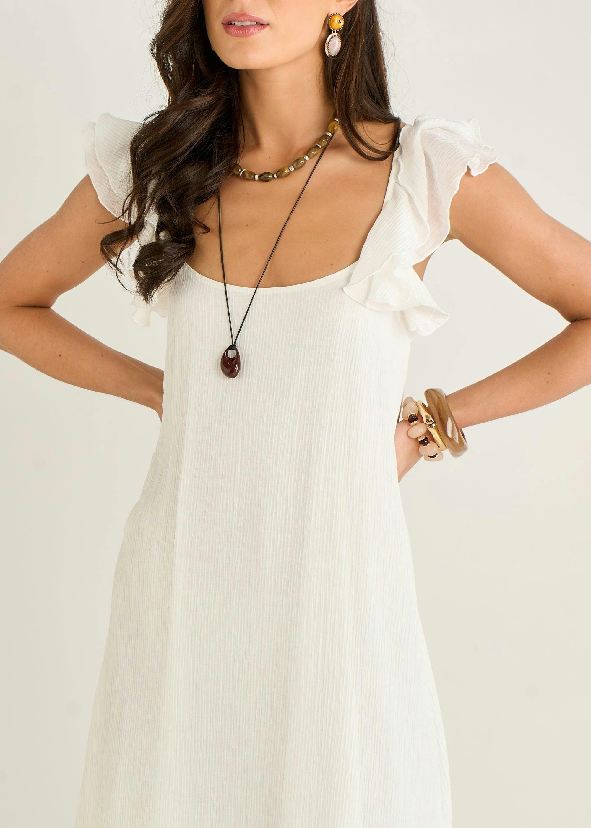 White Ruffle Short Sleeve Viscose Maxi Dress , view 3 of 4