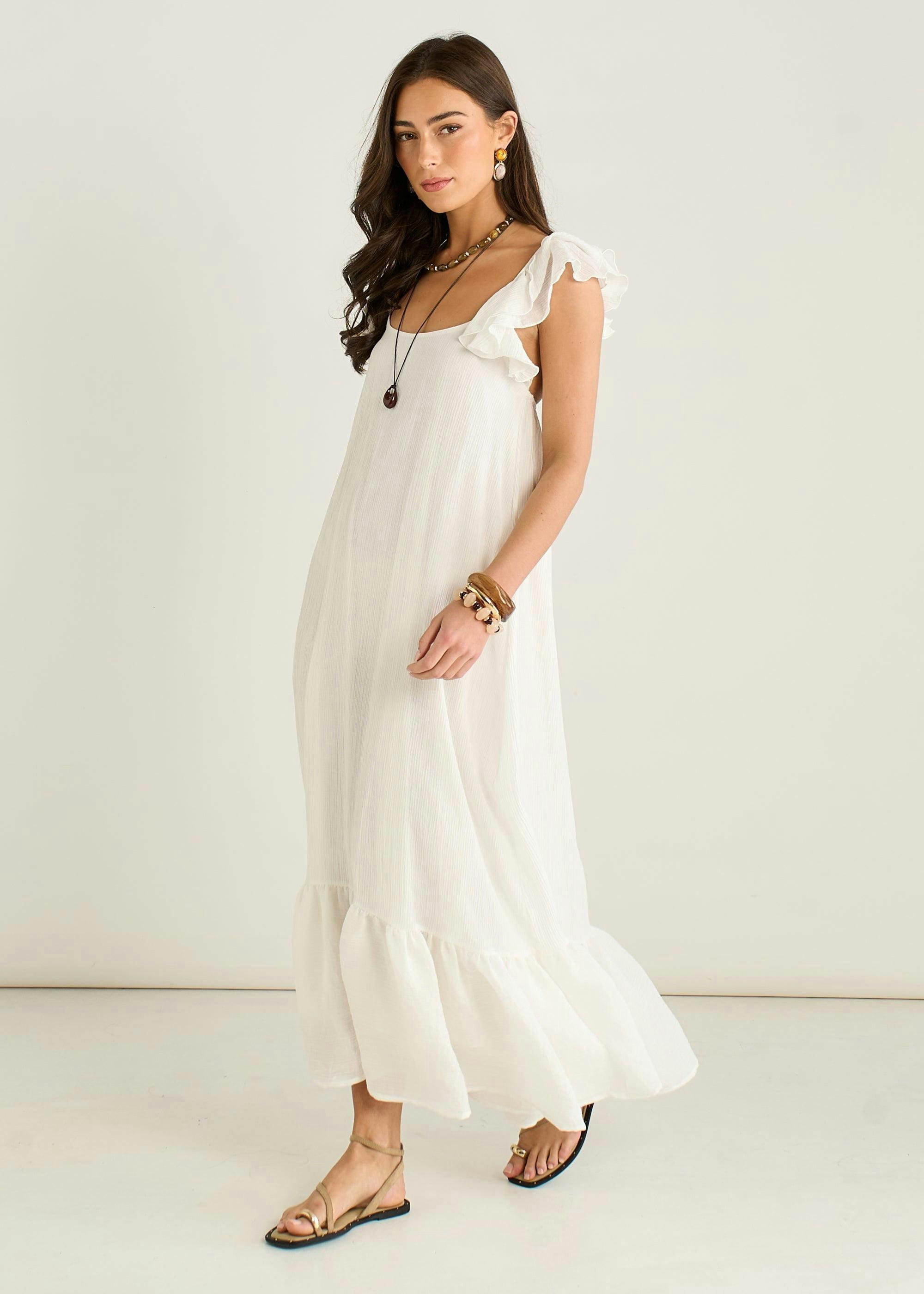 White Ruffle Short Sleeve Viscose Maxi Dress , view 4 of 4