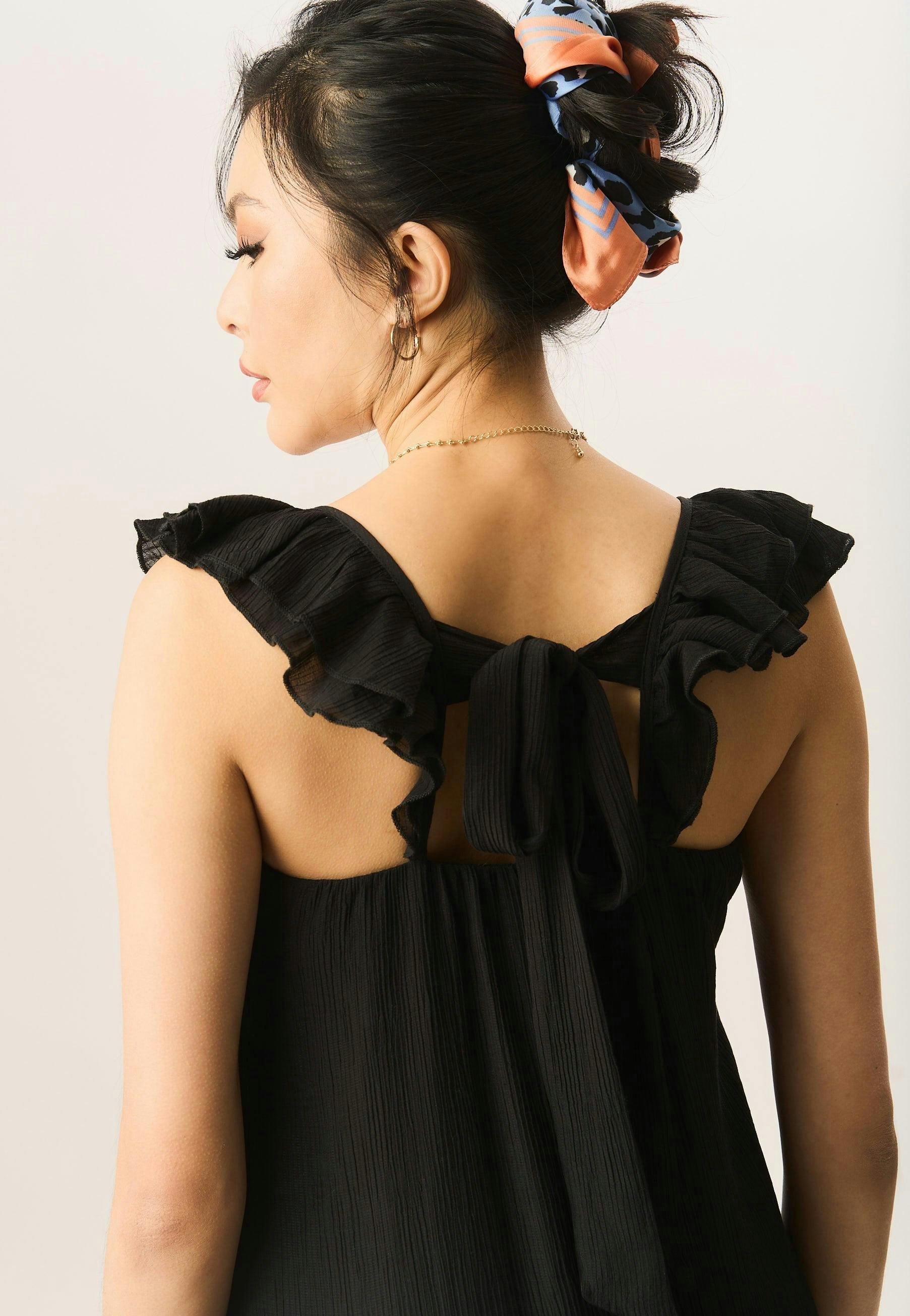 Black Ruffle Short Sleeve Viscose Maxi Dress , view 3 of 4