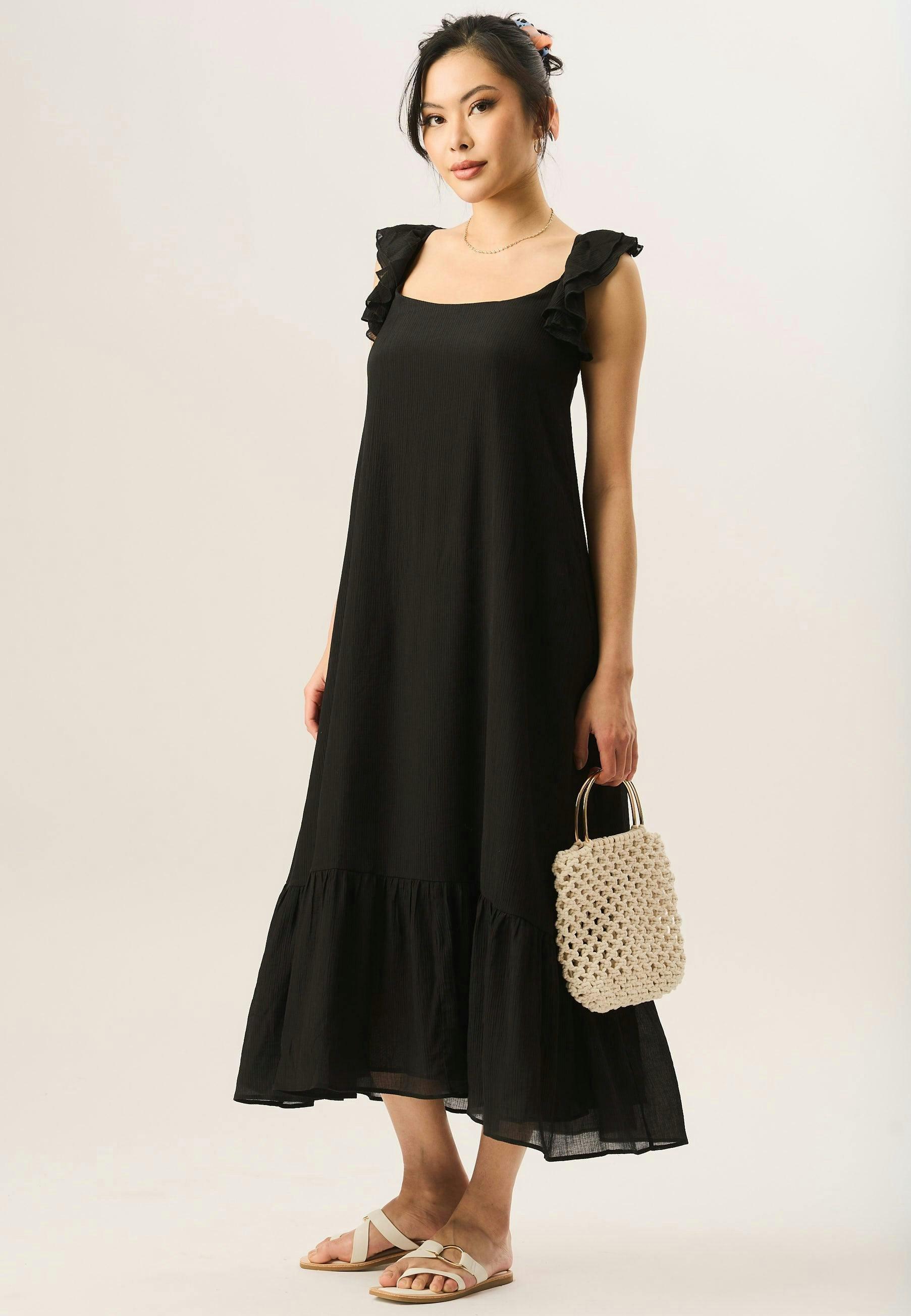 Black Ruffle Short Sleeve Viscose Maxi Dress , view 4 of 4