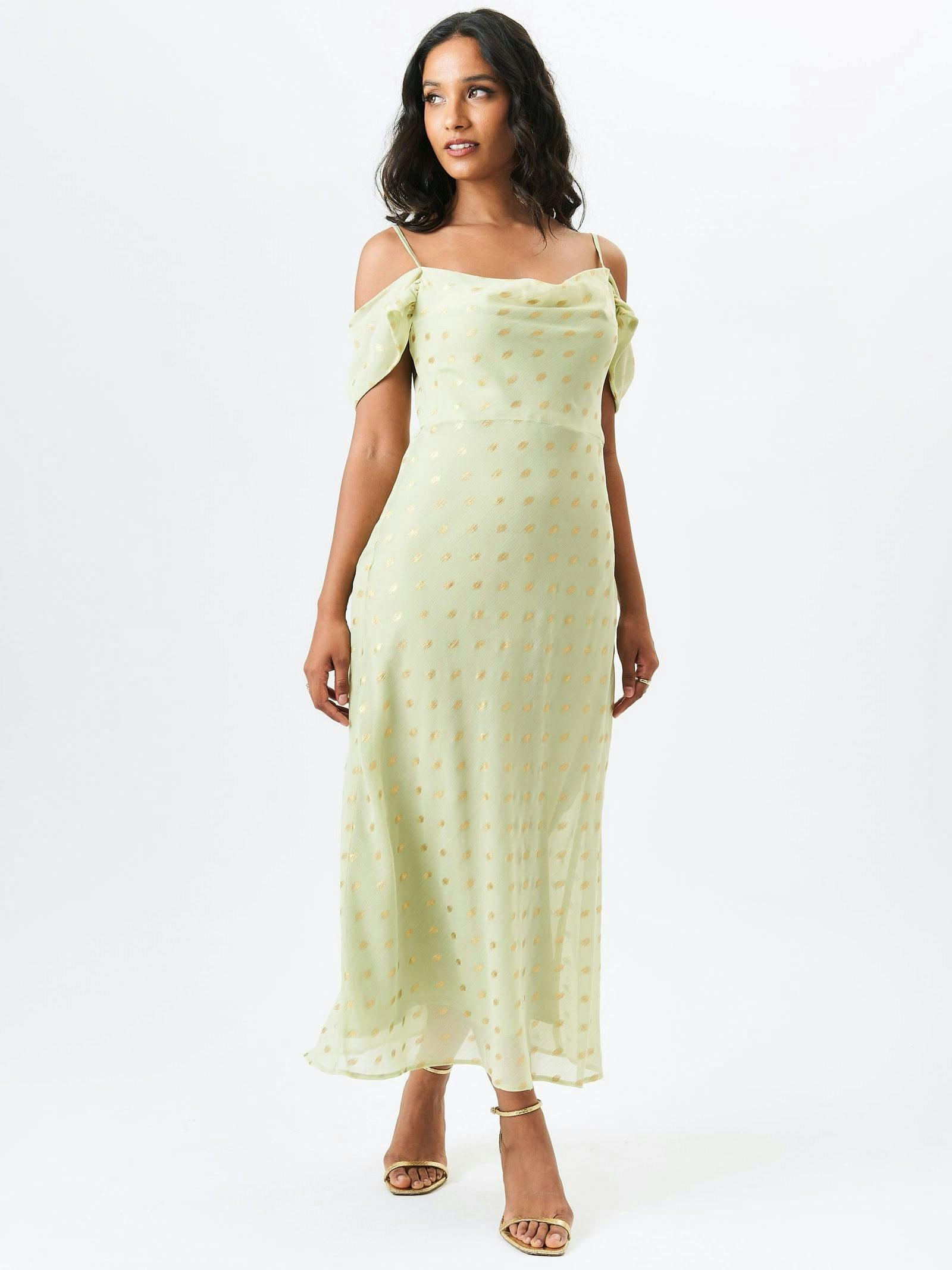 Sage Green Cowl Neck Drop Sleeves Foil Maxi Dress , view 4 of 4
