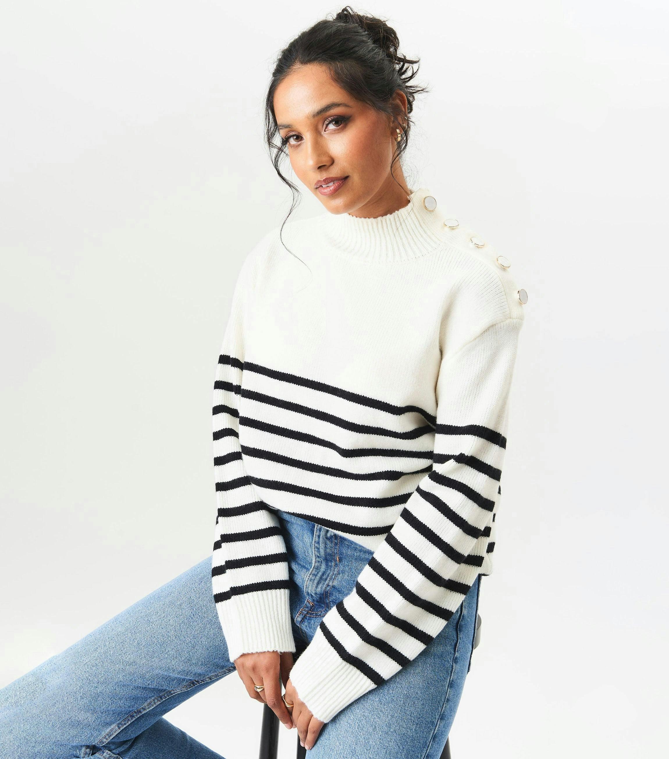 Cream High Neck Stripe Oversized Jumper , view 3 of 4