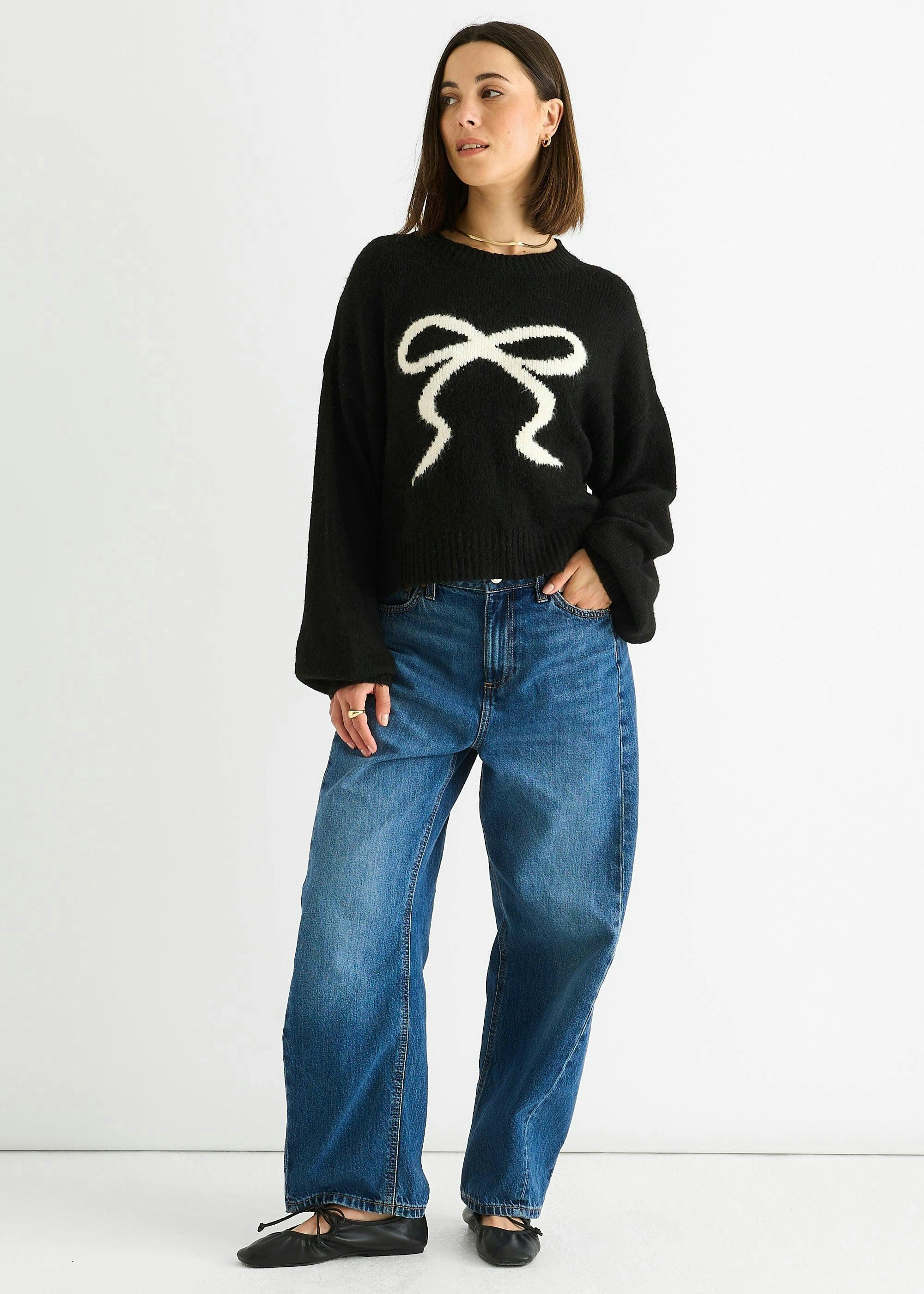 Black Embossed Contrast Bow Short Knit Jumper , view 2 of 4