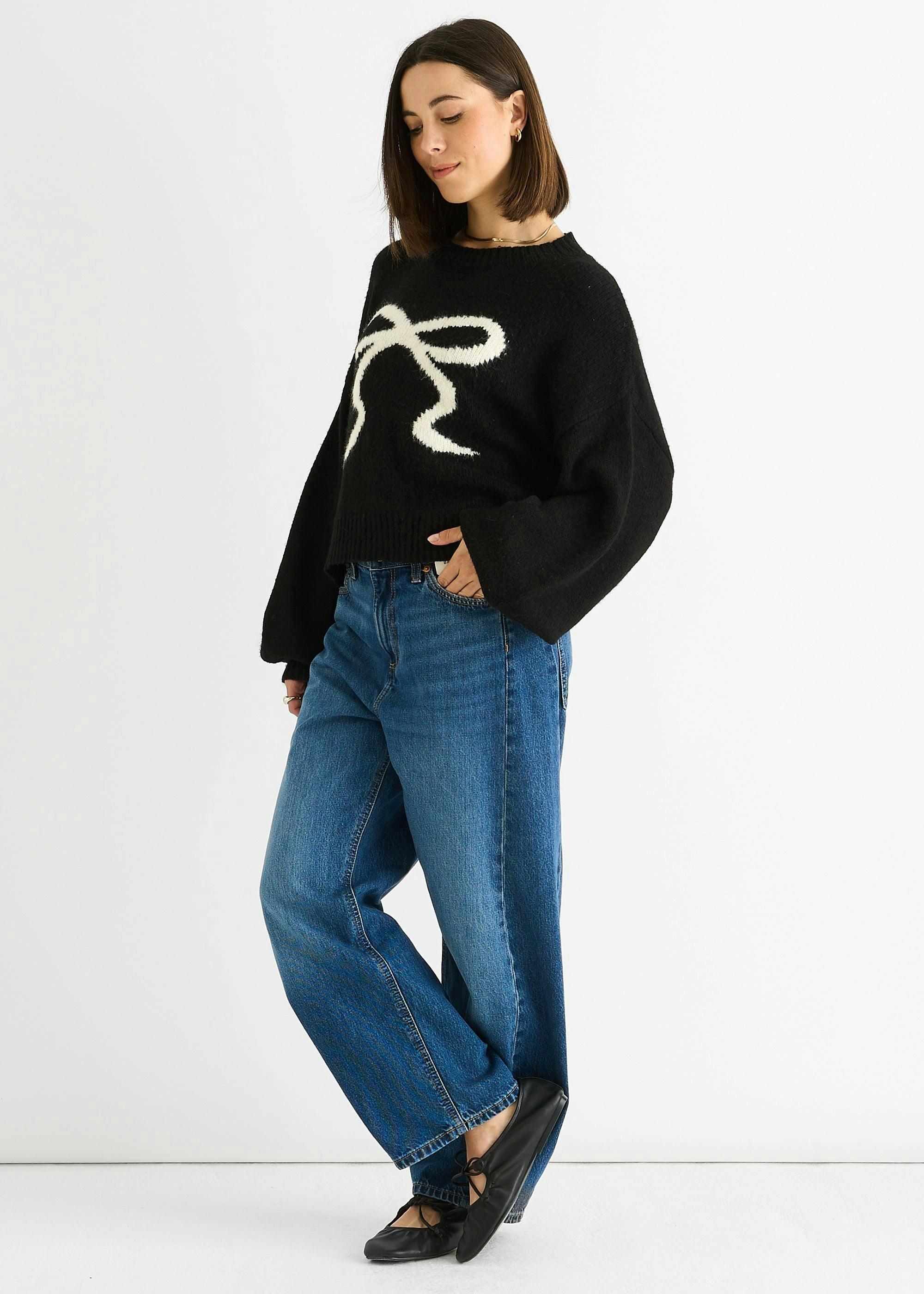 Black Embossed Contrast Bow Short Knit Jumper , view 3 of 4