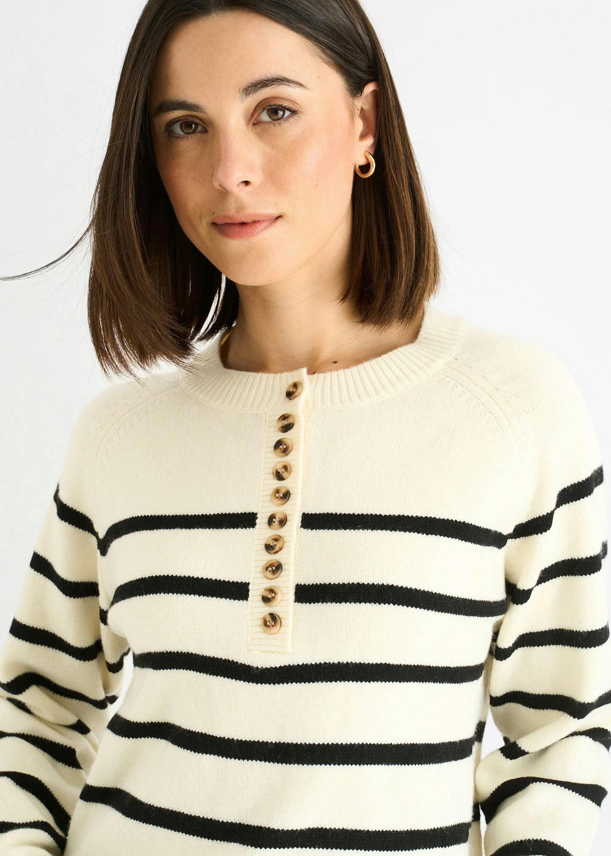 Cream Recycle Mix Stripe Button Up Loose Fit Knit Jumper , view 3 of 4