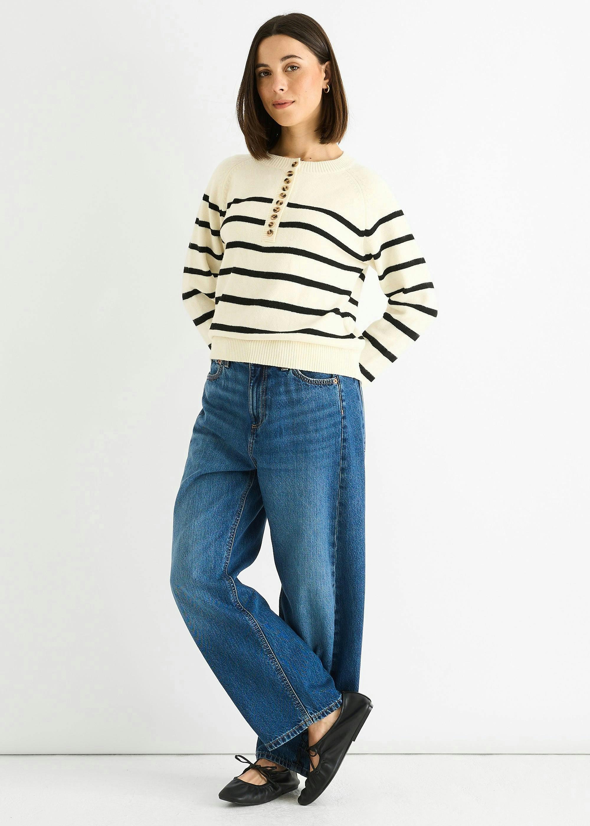 Cream Recycle Mix Stripe Button Up Loose Fit Knit Jumper , view 4 of 4