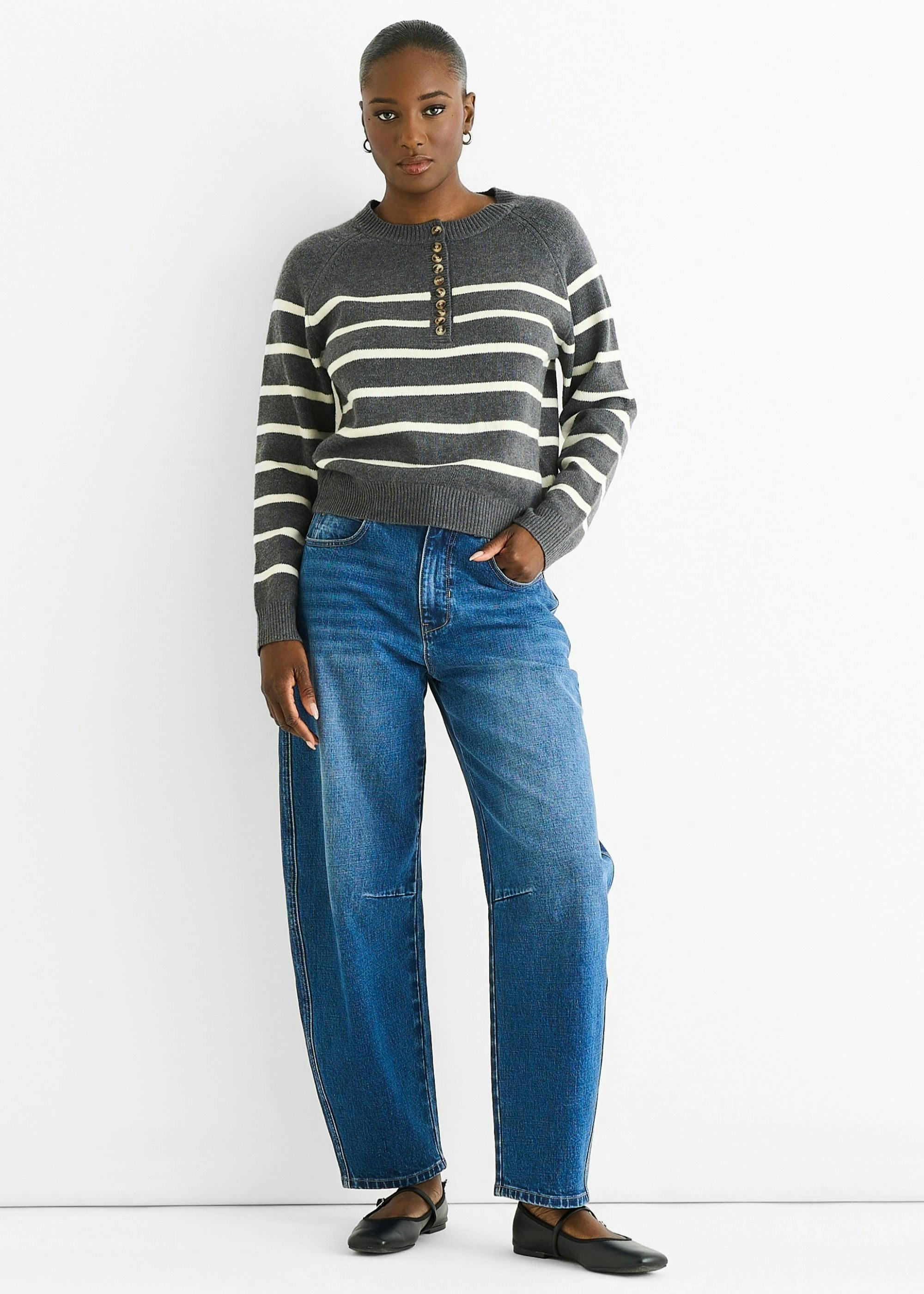 Grey Recycle Mix Stripe Button Up Loose Fit Knit Jumper , view 2 of 4
