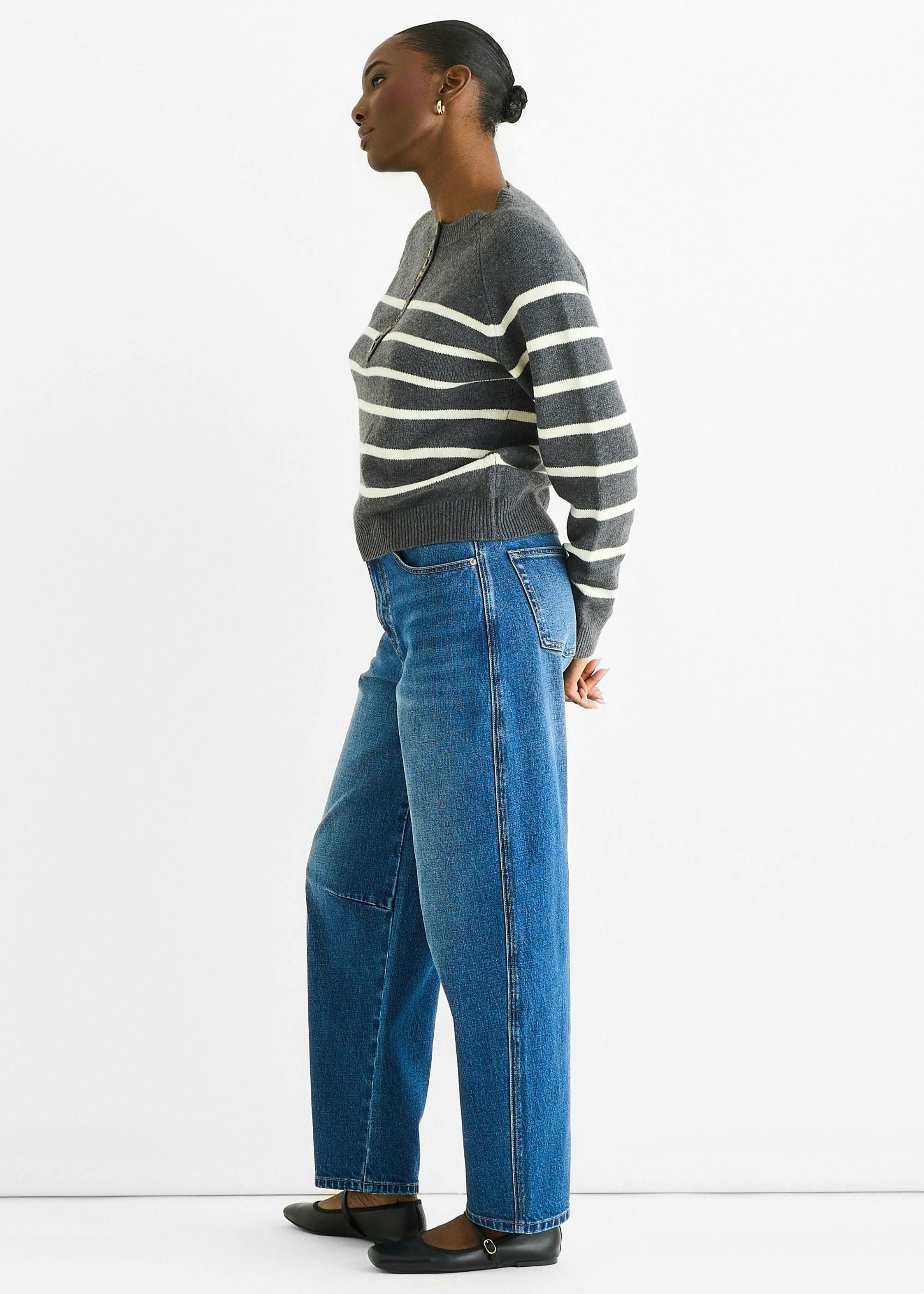 Grey Recycle Mix Stripe Button Up Loose Fit Knit Jumper , view 3 of 4