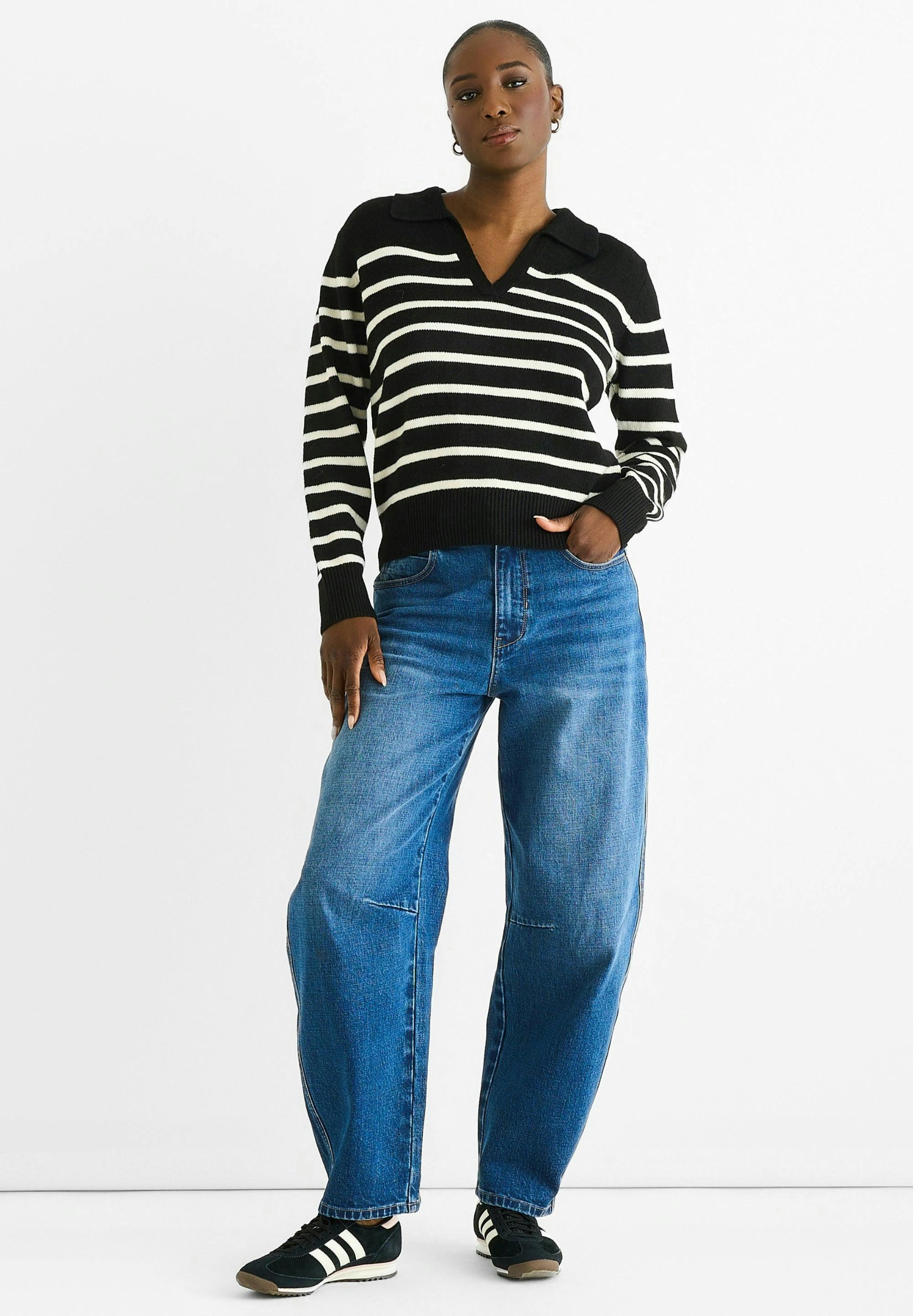 Black Recycle Mix Stripe V Neck Collar Knit Jumper , view 2 of 4