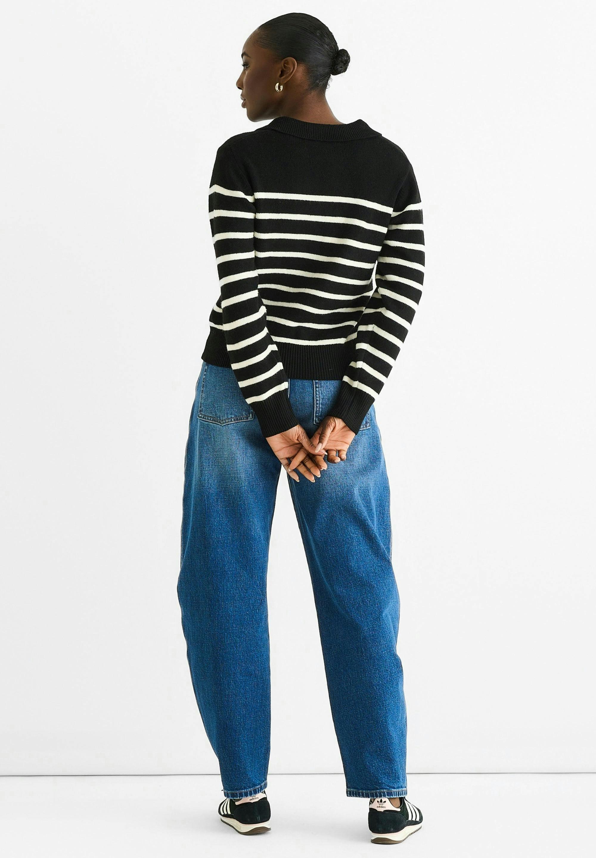 Black Recycle Mix Stripe V Neck Collar Knit Jumper , view 4 of 4