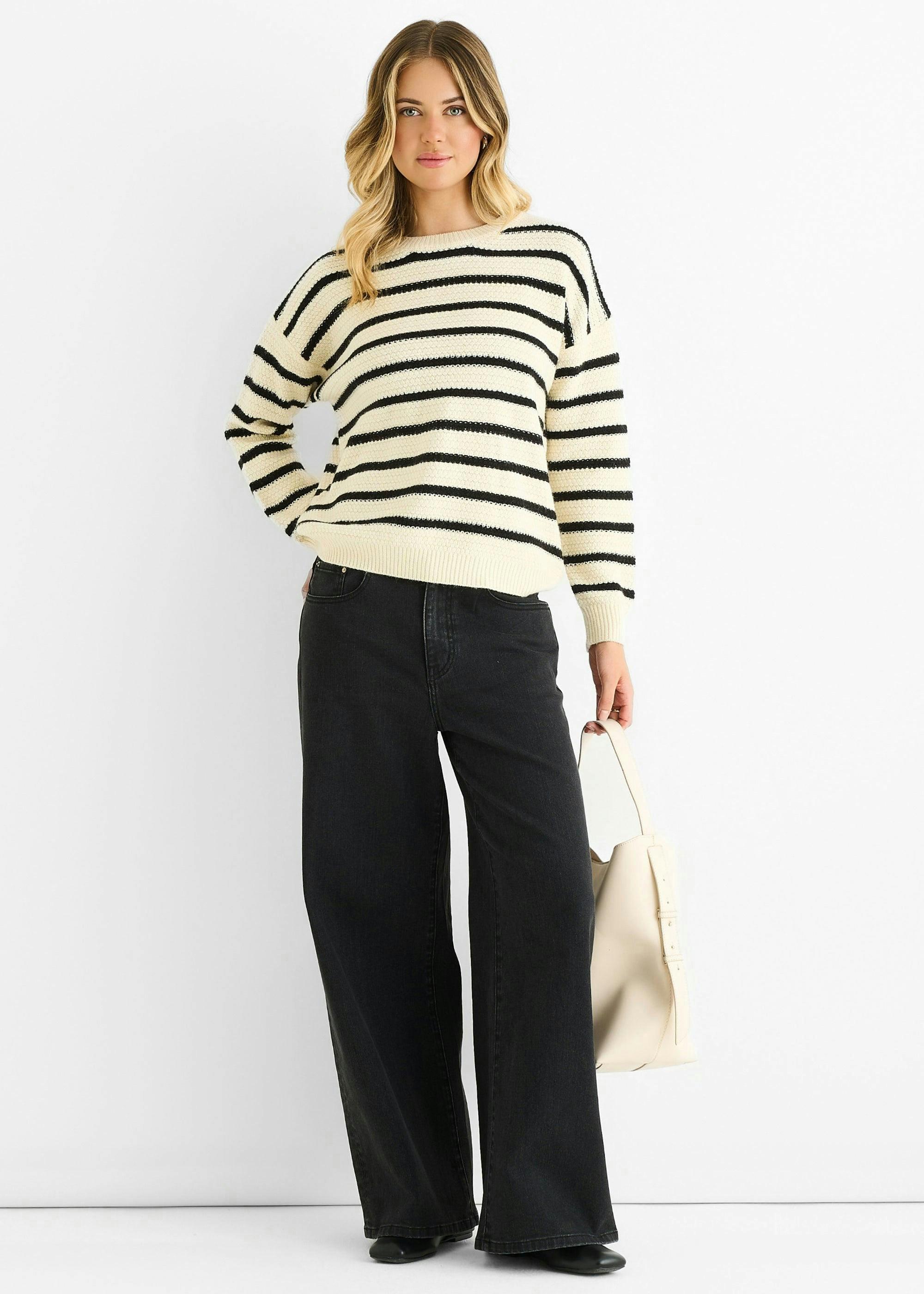Beige Stripe Chunky Knit Oversized Jumper , view 2 of 4