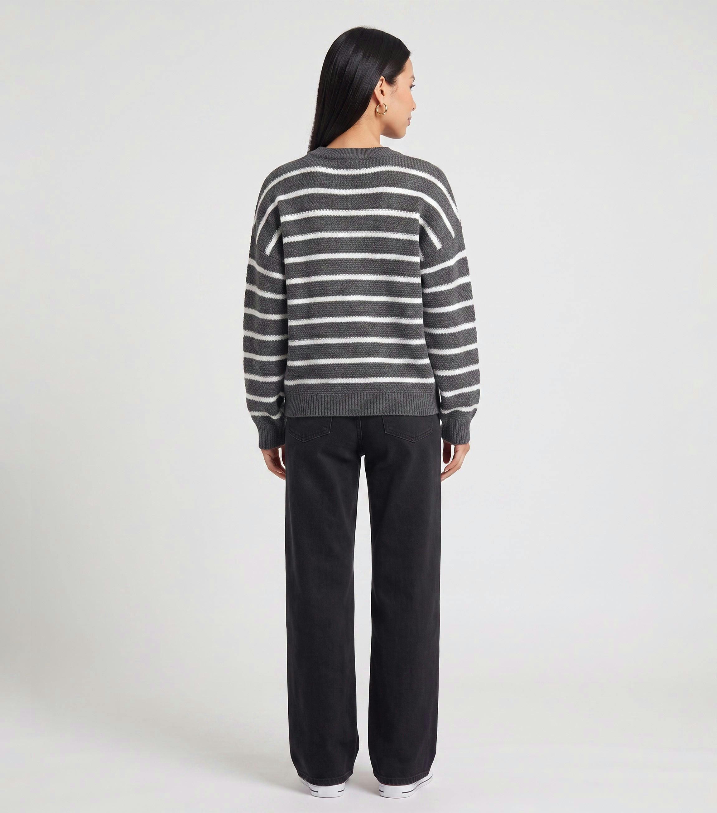 Grey Stripe Chunky Knit Oversized Jumper , view 3 of 4