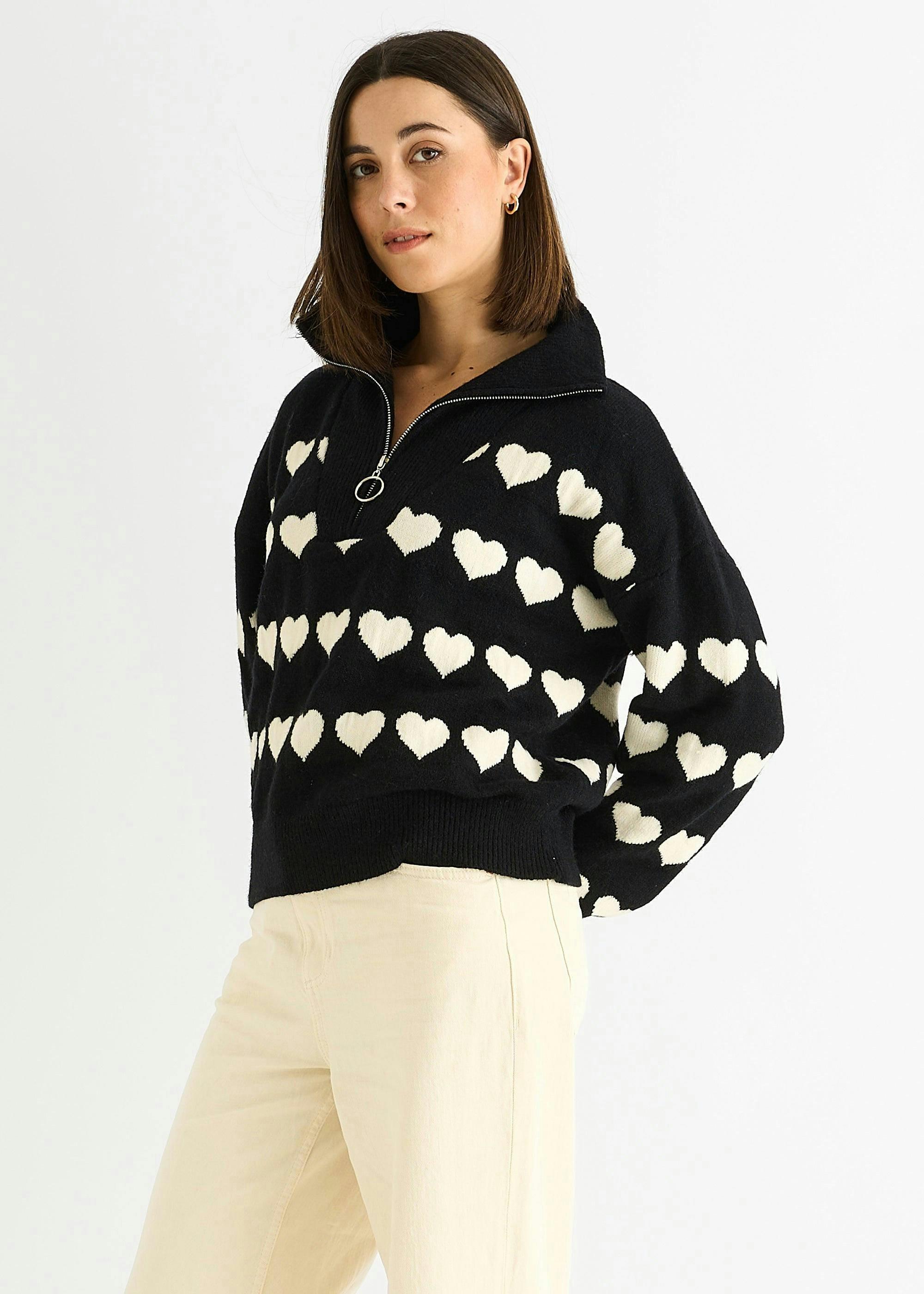 Black Heart Zip Up Loose Fit Knit Jumper , view 3 of 4