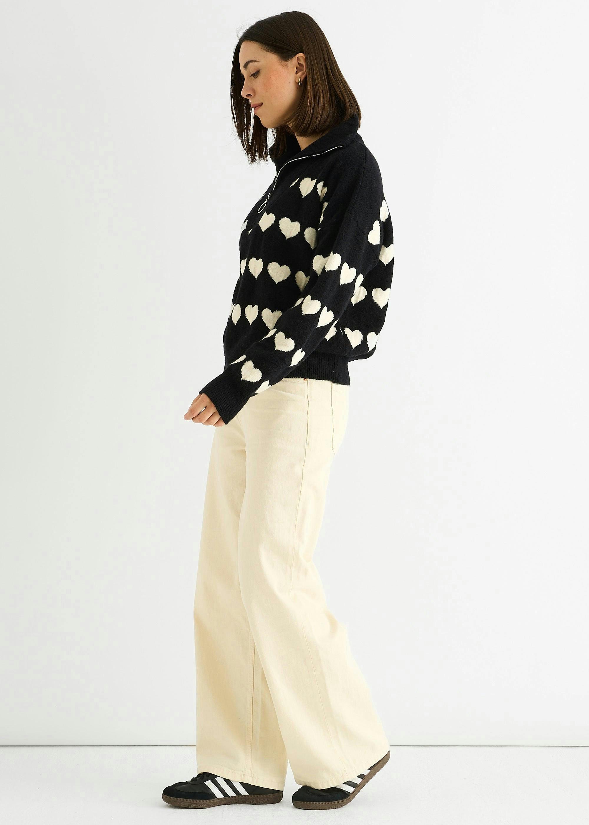 Black Heart Zip Up Loose Fit Knit Jumper , view 4 of 4