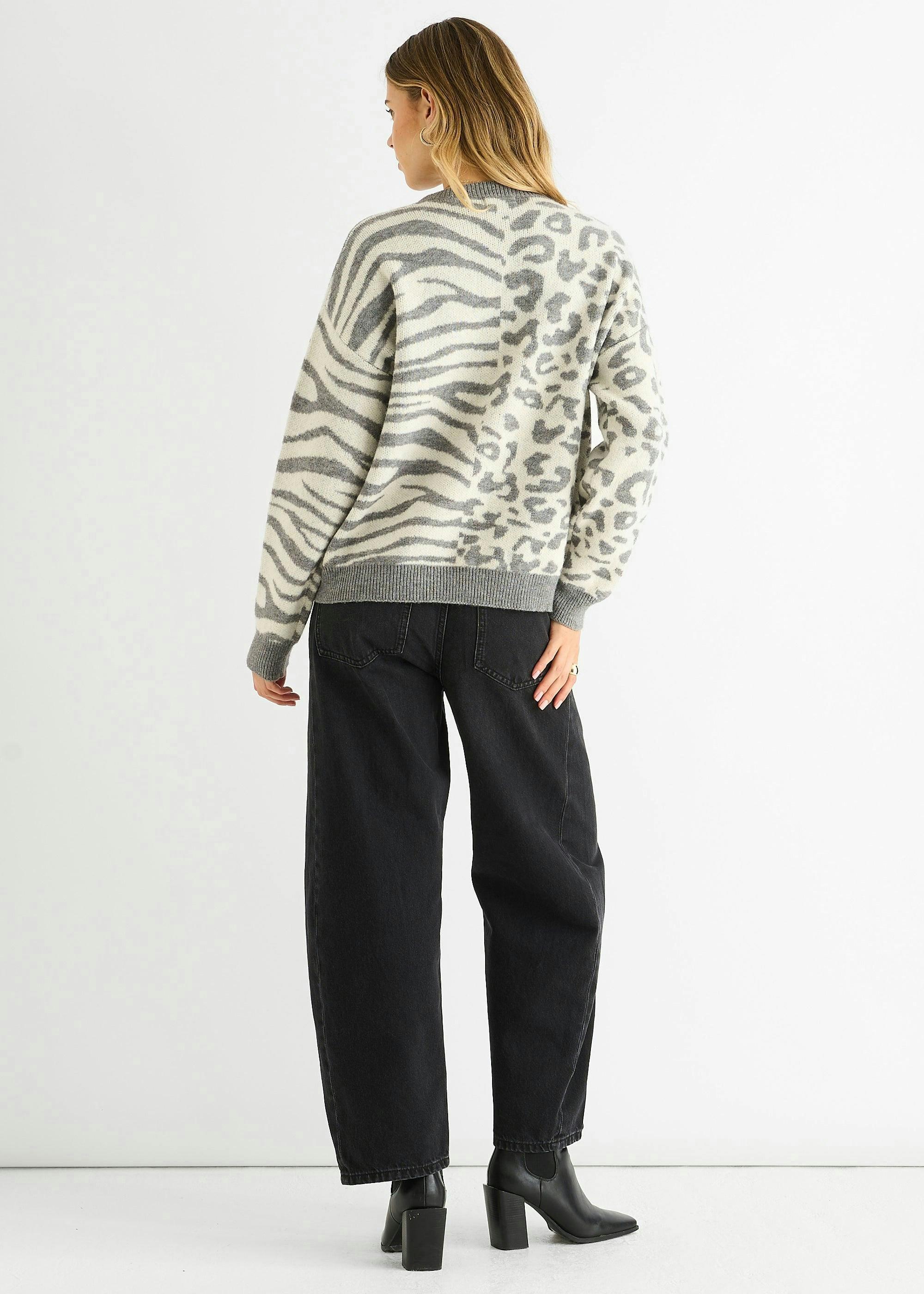 Grey Contrast Zebra Animal Knit Jumper , view 2 of 4