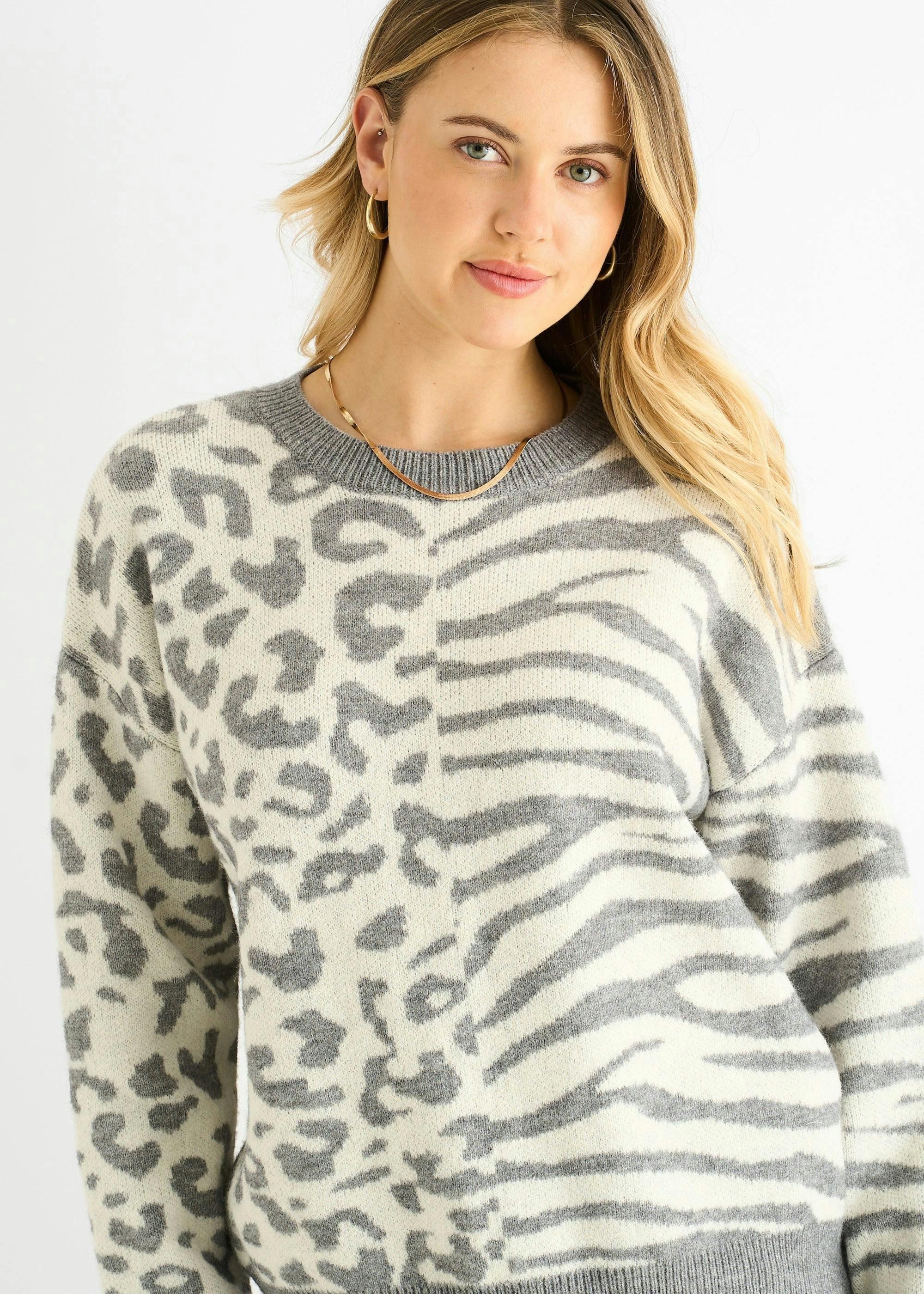 Grey Contrast Zebra Animal Knit Jumper , view 3 of 4